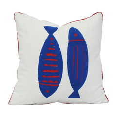 Embroidered Cotton Cushion Cover 45x45 cm – Blue Fish Motif | Nautical Decorative Pillow Case