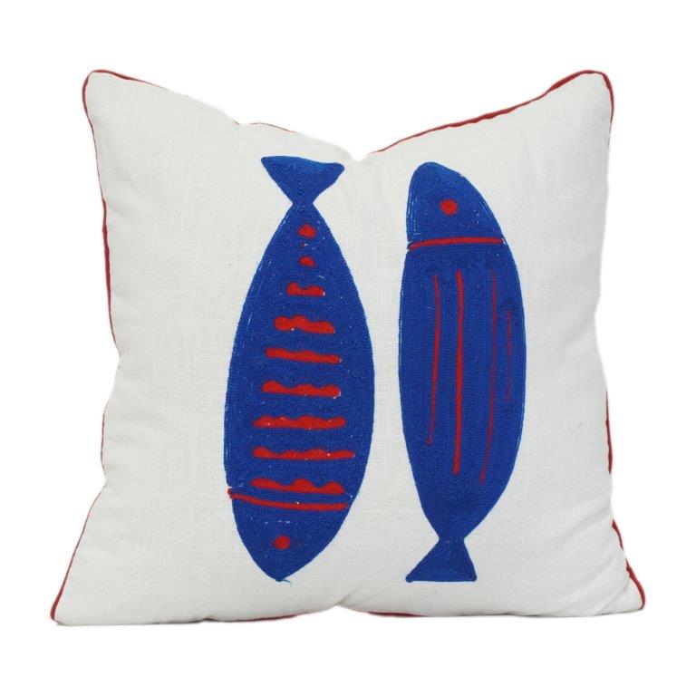 Embroidered Cotton Cushion Cover 45x45 cm – Blue Fish Motif | Nautical Decorative Pillow Case