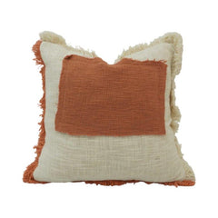 Terracotta Patchwork Cotton Cushion Cover with Fringe Border – 45x45 cm | Boho Textured Throw Pillow Cover