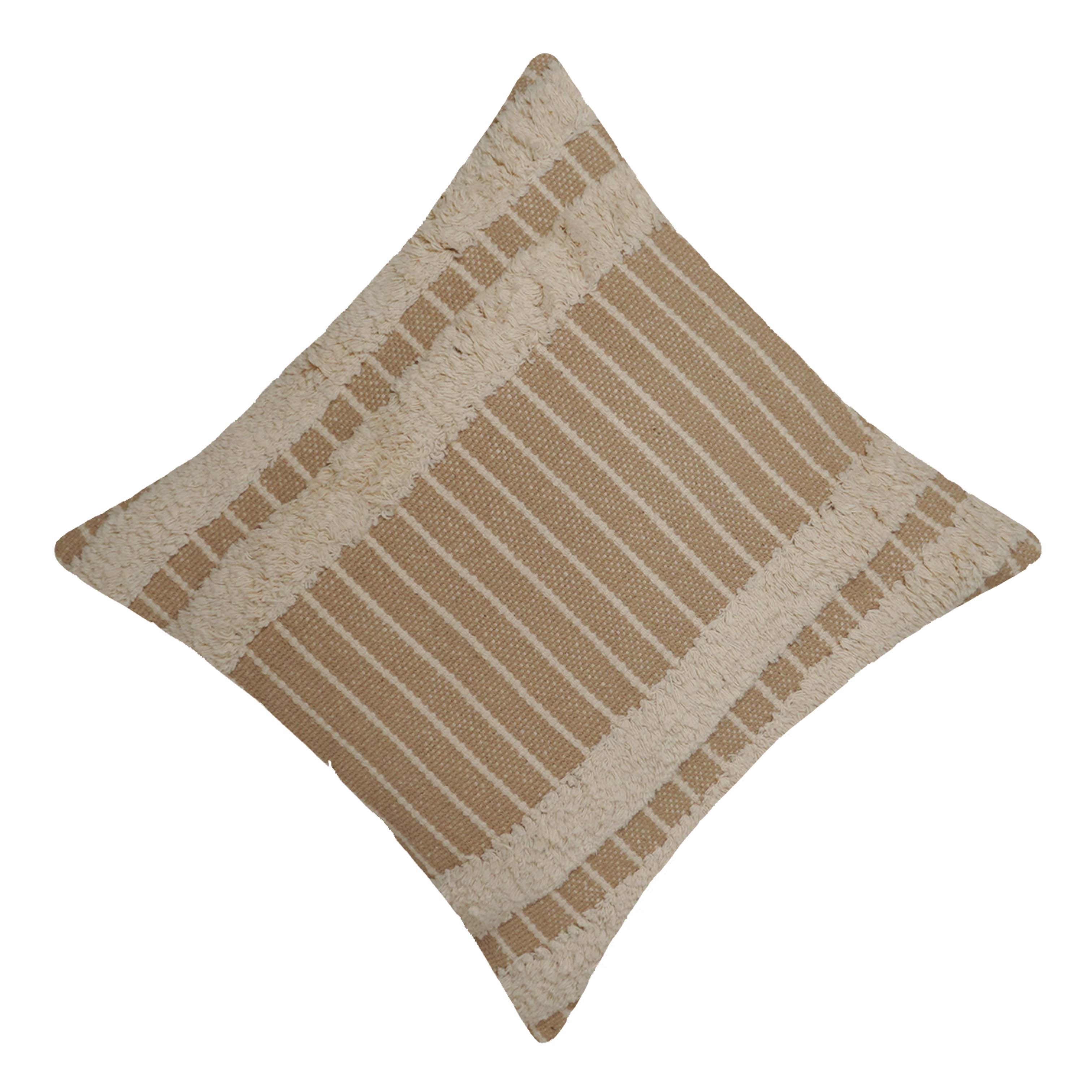 Handwoven Cotton Tufted Cushion Cover 45x45 cm | Beige & Ivory Striped Textured Throw Pillow Cover | Boho Farmhouse Decorative Cushion Cover