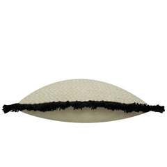 Handmade Textured Cotton Cushion Cover with Black Fringe Border | 45 x 45 cm | Soft Tufted Decorative Throw Pillow Cover | Ivory & Black