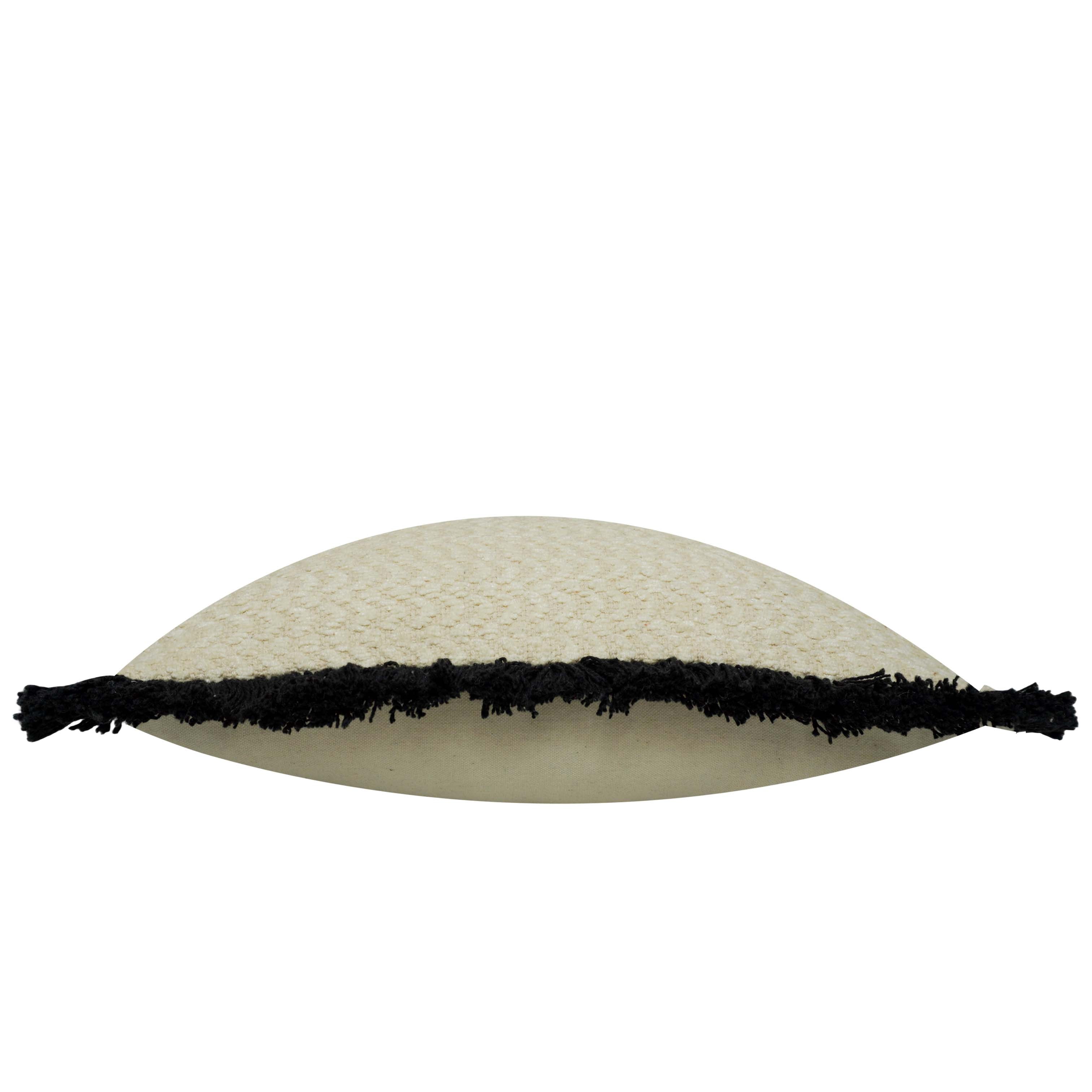 Handmade Textured Cotton Cushion Cover with Black Fringe Border | 45 x 45 cm | Soft Tufted Decorative Throw Pillow Cover | Ivory & Black
