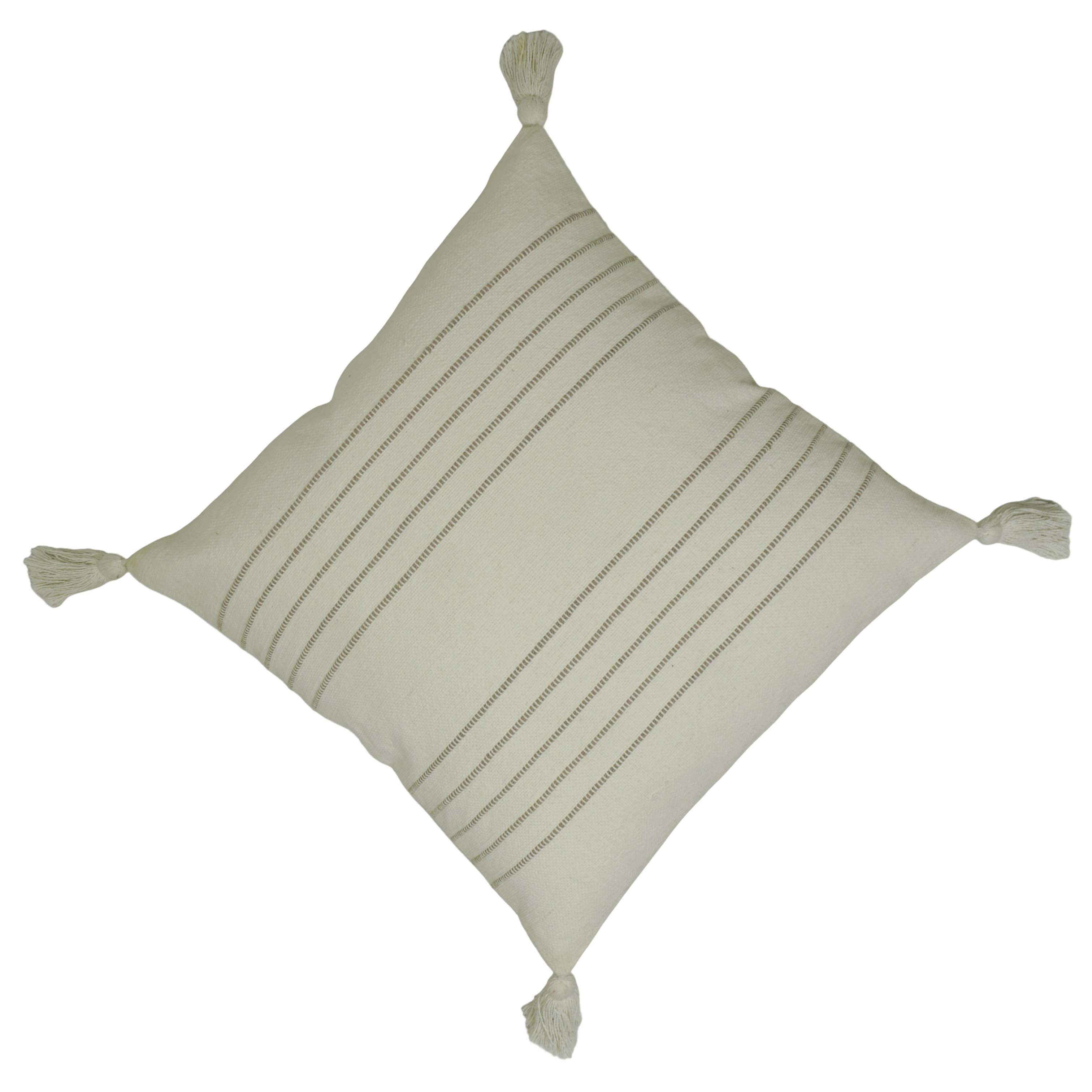 Handwoven Cotton Cushion Cover 45x45 cm | Ivory Textured Striped Cushion Cover with Corner Tassels | Boho Farmhouse Decorative Throw Pillow Cover | Hidden Zipper | 18x18 Inch