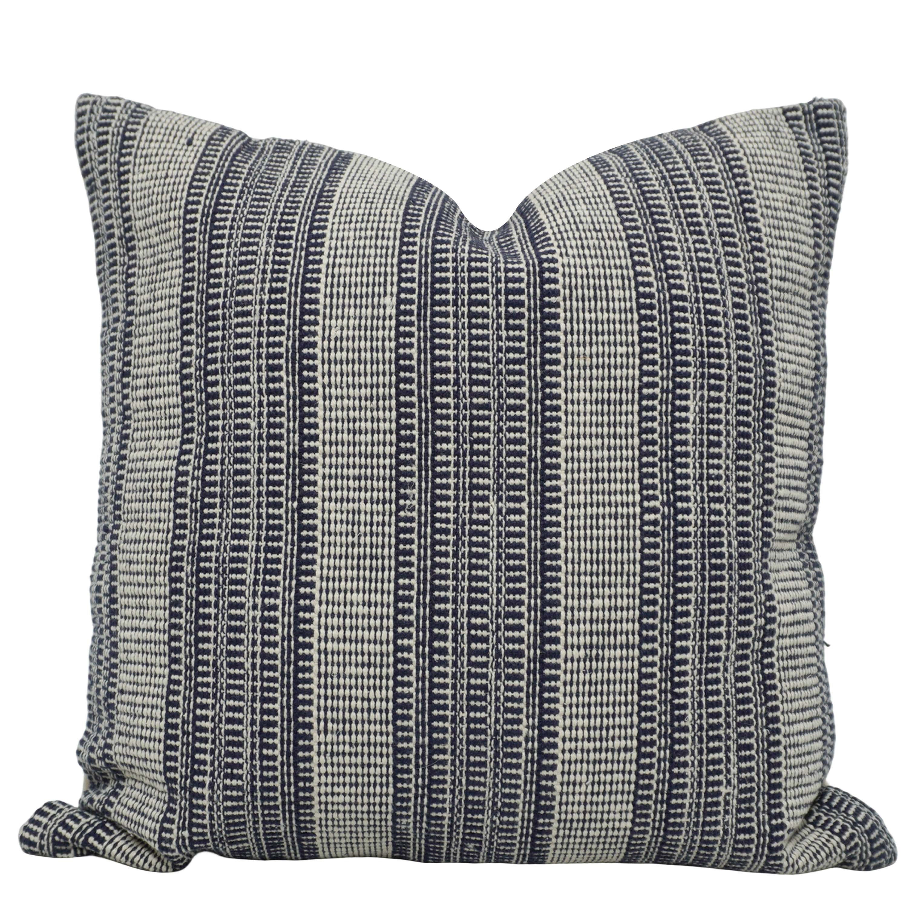 Handwoven Cotton Striped Cushion Cover 45x45 cm | Woven Textured Throw Pillow Cover | Blue & Ivory Decorative Cushion Cover | Hidden Zipper