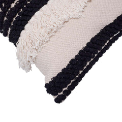 Handmade Cotton Fringe Cushion Cover 45x45 cm | Black & Ivory Textured Boho Throw Pillow Cover | Woven Decorative Cushion Cover