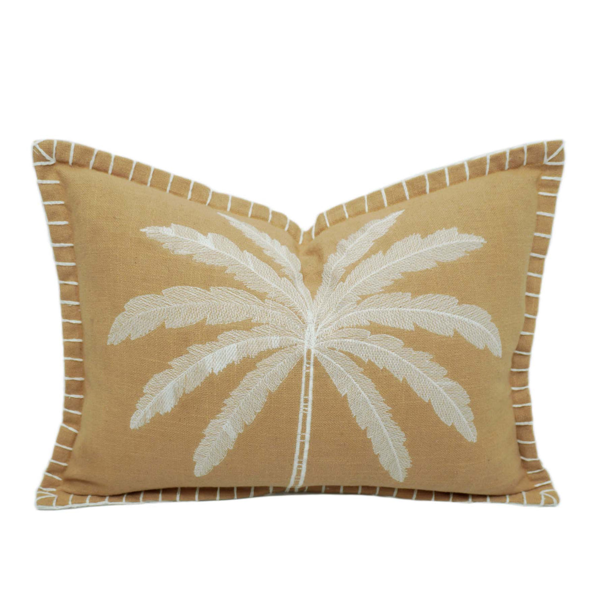 Embroidered Palm Leaf Cushion Cover – Beige & White Threadwork, 35 x 50 cm
