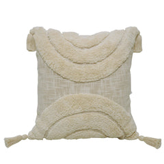 Handmade Tufted Cotton Cushion Cover 45x45 cm | Ivory Boho Textured Throw Pillow Cover with Tassels | Modern Decorative Cushion Cover | Concealed Zip | 18x18 Inch
