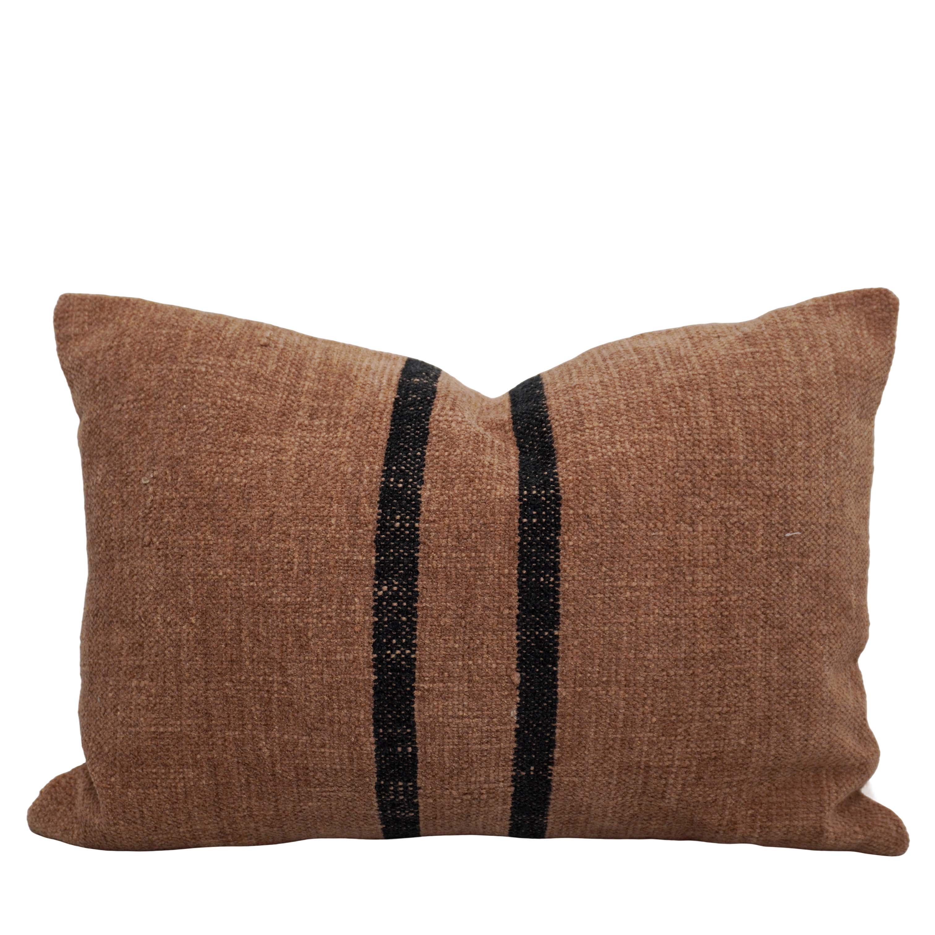 Handwoven Cotton Cushion Cover 40 x 60 cm | Brown with Black Striped Design | Rustic Decorative Lumbar Pillow Cover | Hidden Zip | Sofa & Bed Cushion Cover