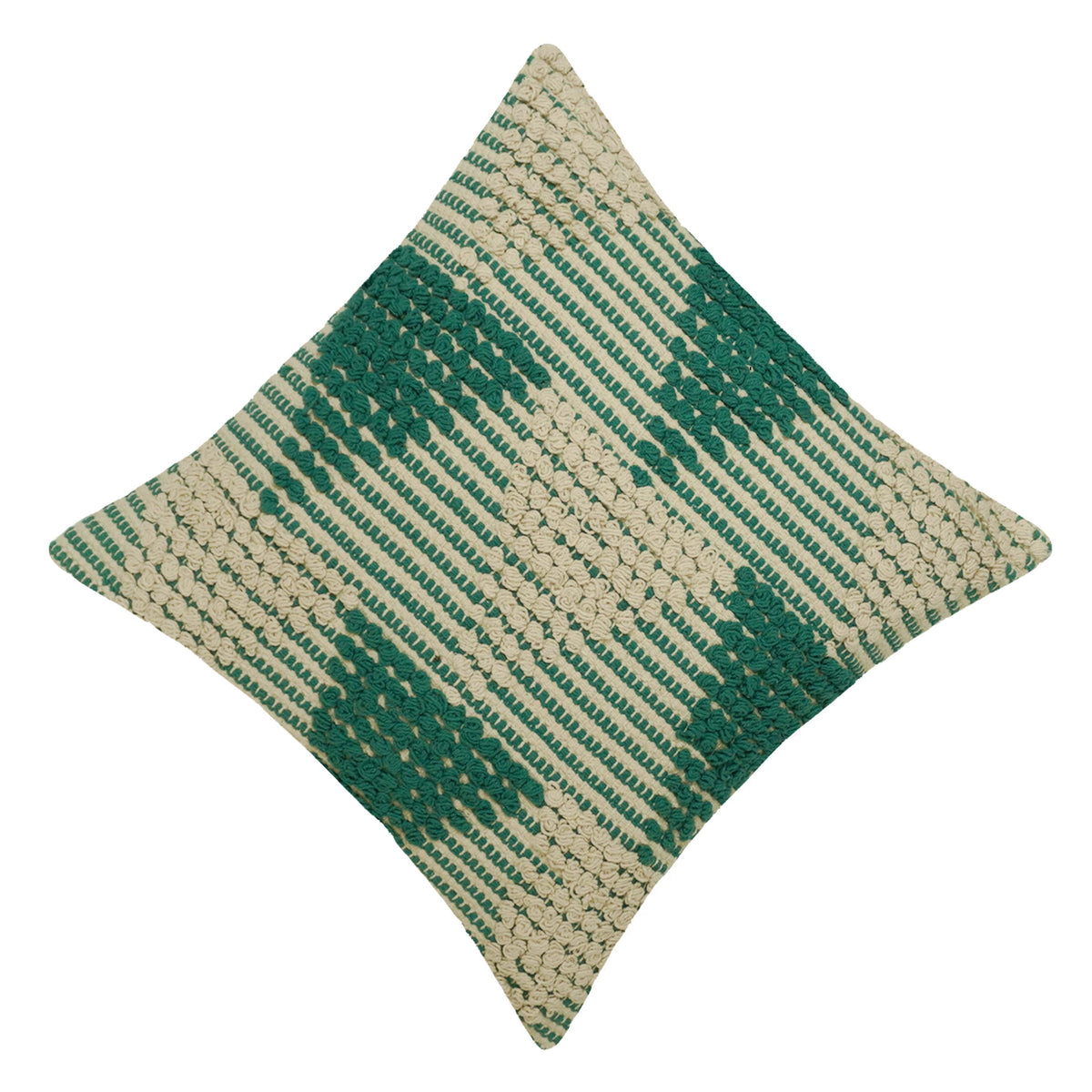 Handwoven Cotton Cushion Cover 45x45 cm | Green & Natural Textured Geometric Tufted Design | Decorative Throw Pillow Cover | Hidden Zipper | Boho Home Décor