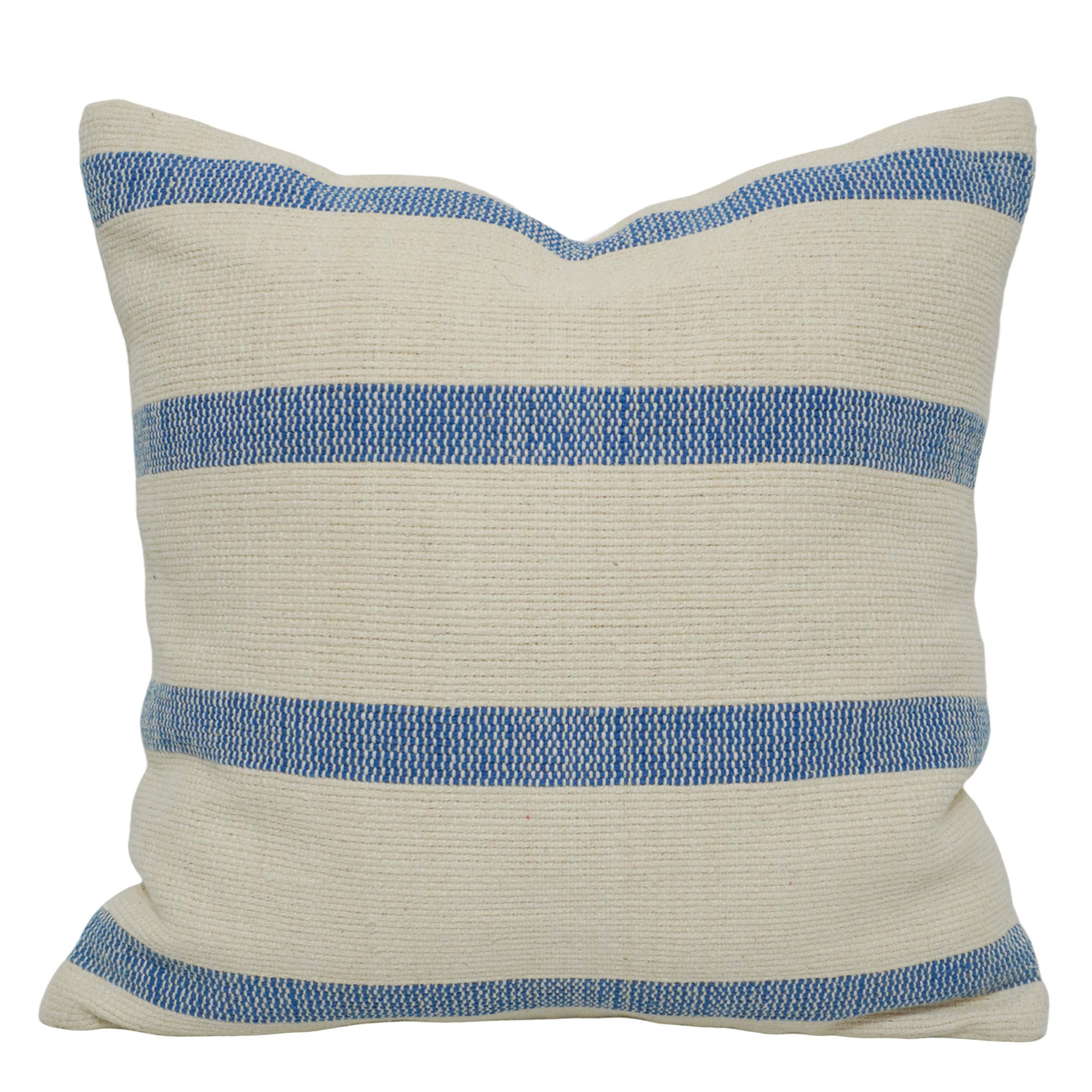 Handwoven Cotton Striped Cushion Cover 45x45 cm | Blue & Ivory Woven Throw Pillow Cover | Modern Farmhouse & Coastal Décor | Hidden Zip | 100% Cotton