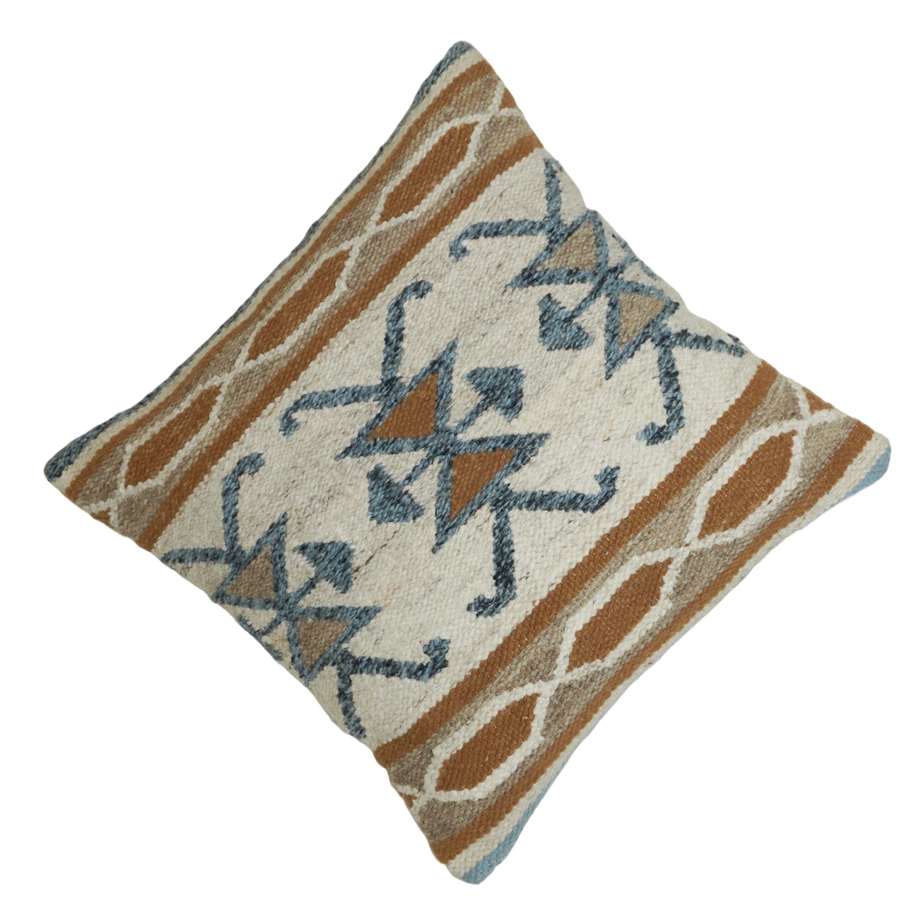 Handwoven Cotton Cushion Cover 45x45 cm | Tribal Geometric Woven Throw Pillow Cover | Boho Decorative Cushion Cover with Concealed Zip | Beige, Brown & Blue
