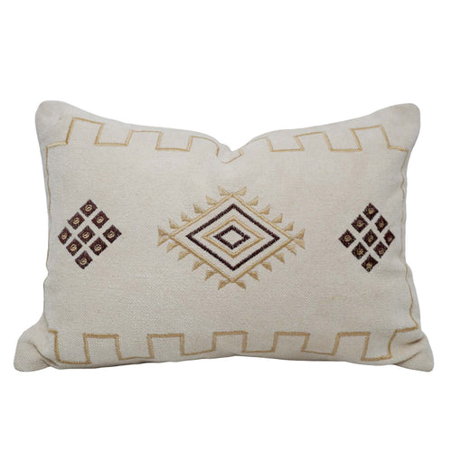 Beige & Brown Tribal Machine-Embroidered Cotton Lumbar Cushion Cover 40x60 cm