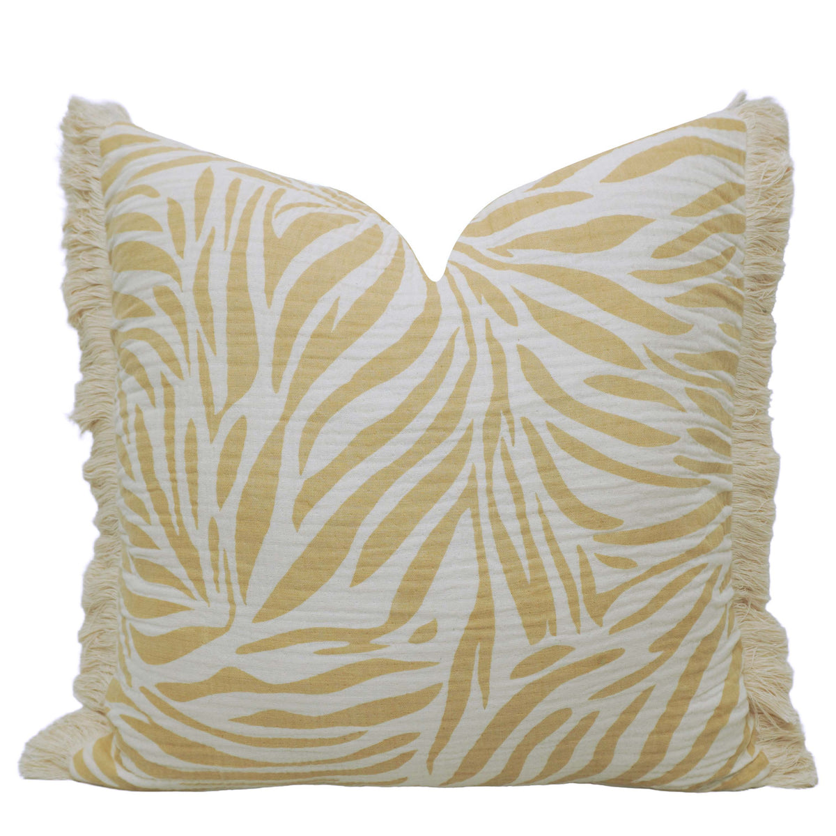 Printed Cotton Cushion Cover 45x45 cm – Beige & Ivory Abstract Leaf Design with Fringe
