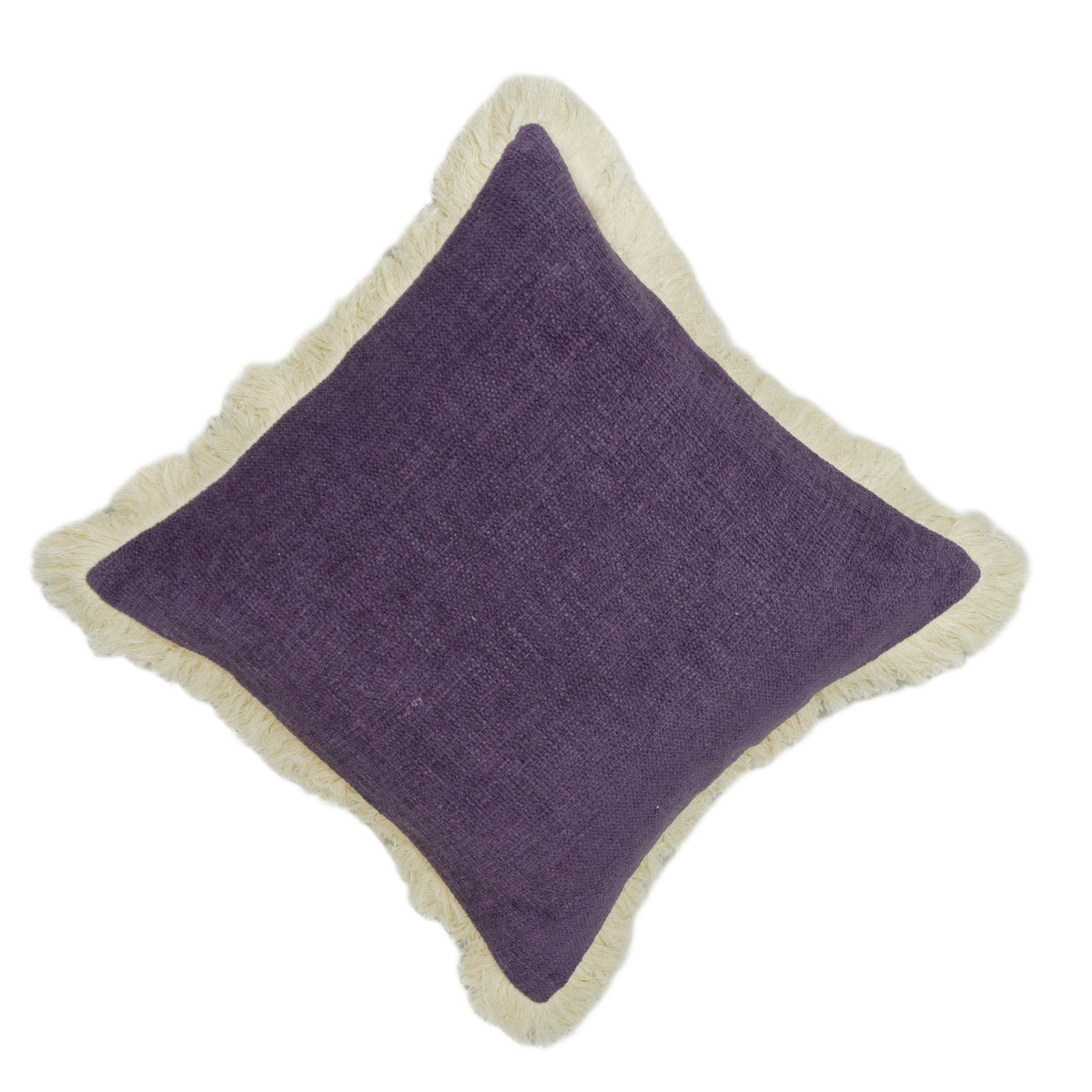 Purple textured handwoven cotton cushion cover with cream fringe border 45x45 cm
