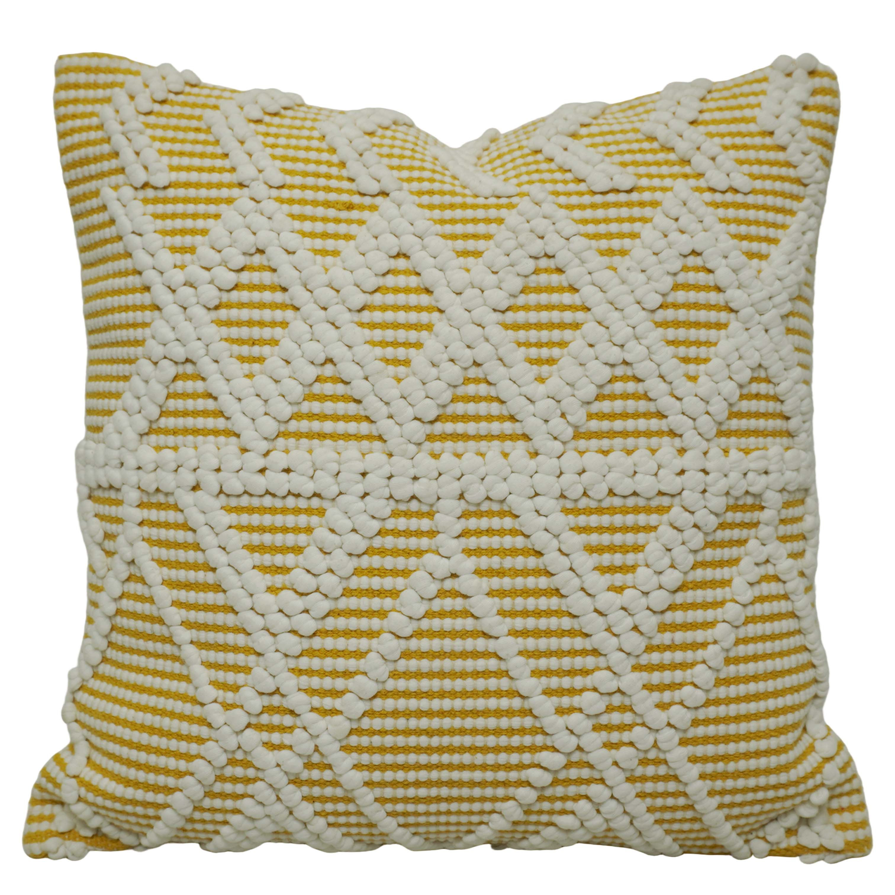 Handwoven Cotton Cushion Cover 45x45 cm | Textured Geometric Diamond Pattern | Mustard & Ivory Decorative Throw Pillow Cover | Boho Modern Home Décor | Hidden Zipper