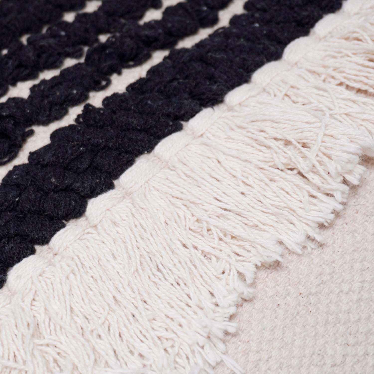 Handmade Cotton Fringe Cushion Cover 45x45 cm | Black & Ivory Textured Boho Throw Pillow Cover | Woven Decorative Cushion Cover