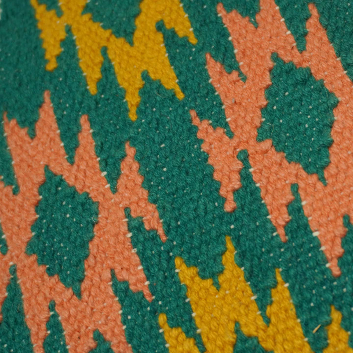Handwoven Cotton Cushion Cover 45x45 cm – Geometric Tribal Pattern in Teal, Rust & Mustard