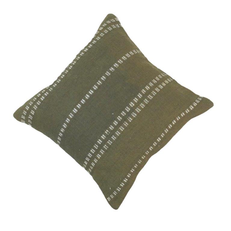 Handwoven Cotton Cushion Cover 45x45 cm | Olive Green Striped Handmade Decorative Pillow Cover - Bulk manufacturer & supplier from Panipat, India