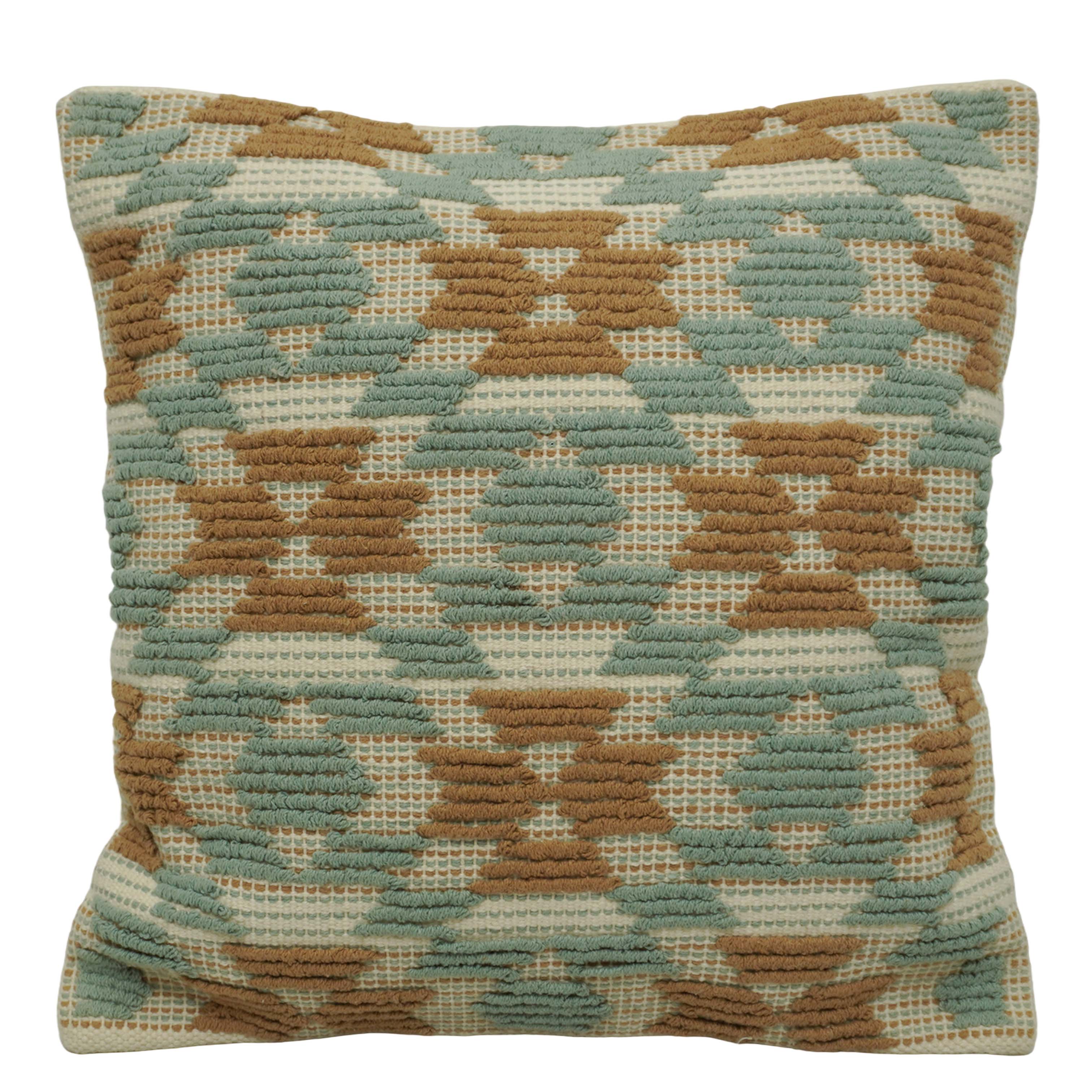 Handwoven Cotton Cushion Cover 45x45 cm | Geometric Textured Woven Throw Pillow Cover | Sage Green & Brown | Boho Modern Home Décor | Hidden Zipper