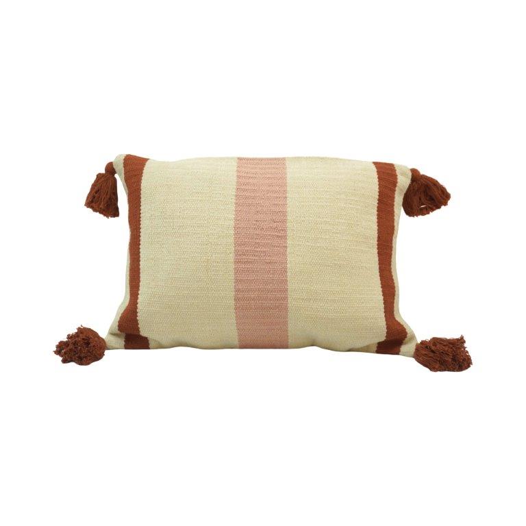 Handwoven Striped Cotton Cushion Cover with Tassels | Handmade Lumbar Pillow Cover 30x50 cm | Boho Neutral Décor Cushion
