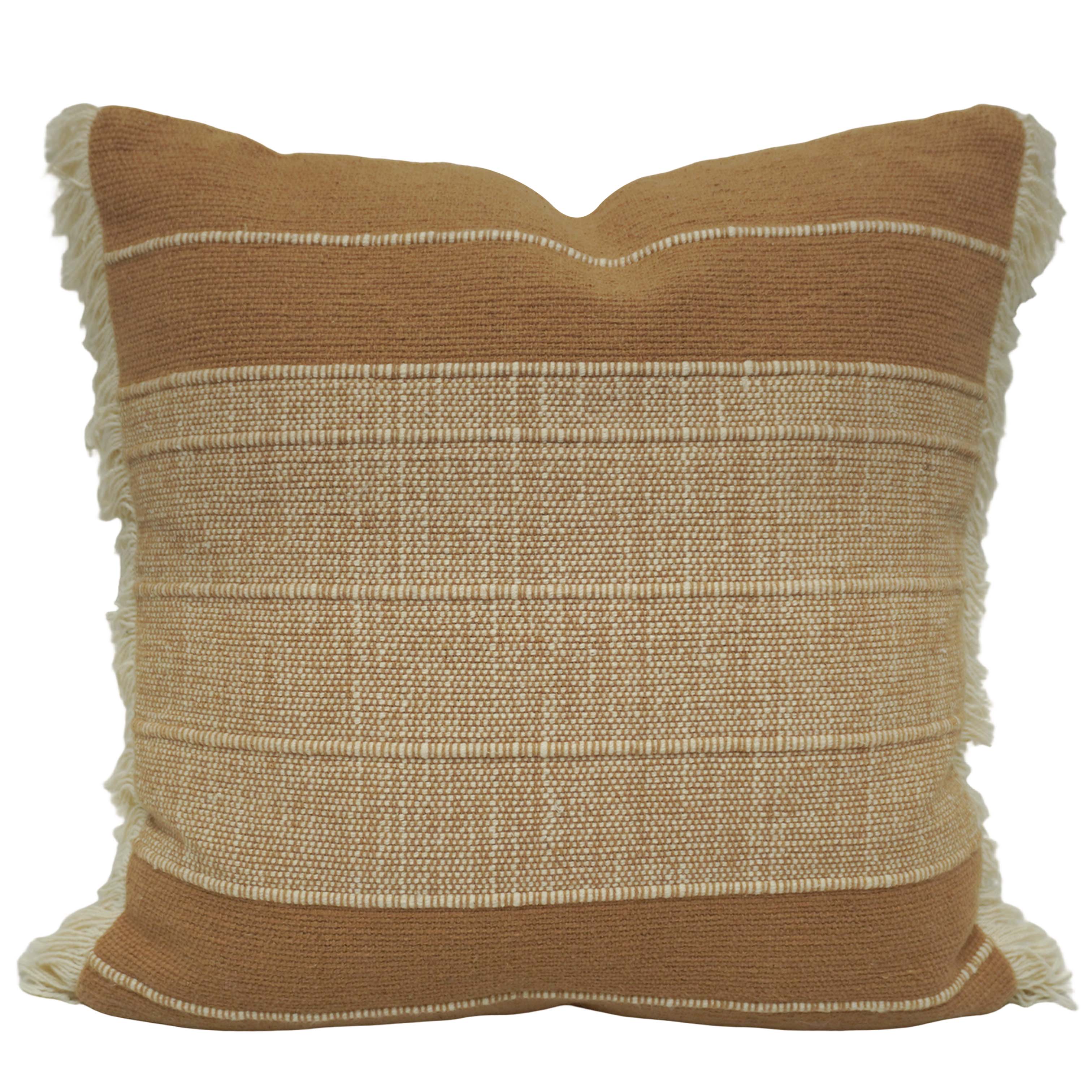 Handwoven Cotton Cushion Cover 45x45 cm | Beige & Brown Textured Striped Cushion Cover with Fringe | Decorative Throw Pillow Cover | Hidden Zipper | Boho Farmhouse Home Décor
