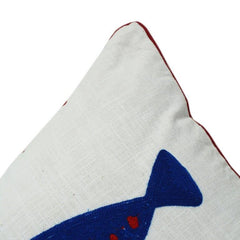 Embroidered Cotton Cushion Cover 45x45 cm – Blue Fish Motif | Nautical Decorative Pillow Case