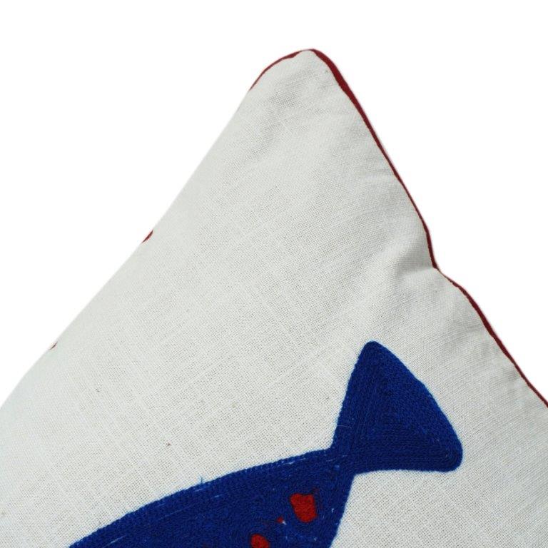 Embroidered Cotton Cushion Cover 45x45 cm – Blue Fish Motif | Nautical Decorative Pillow Case