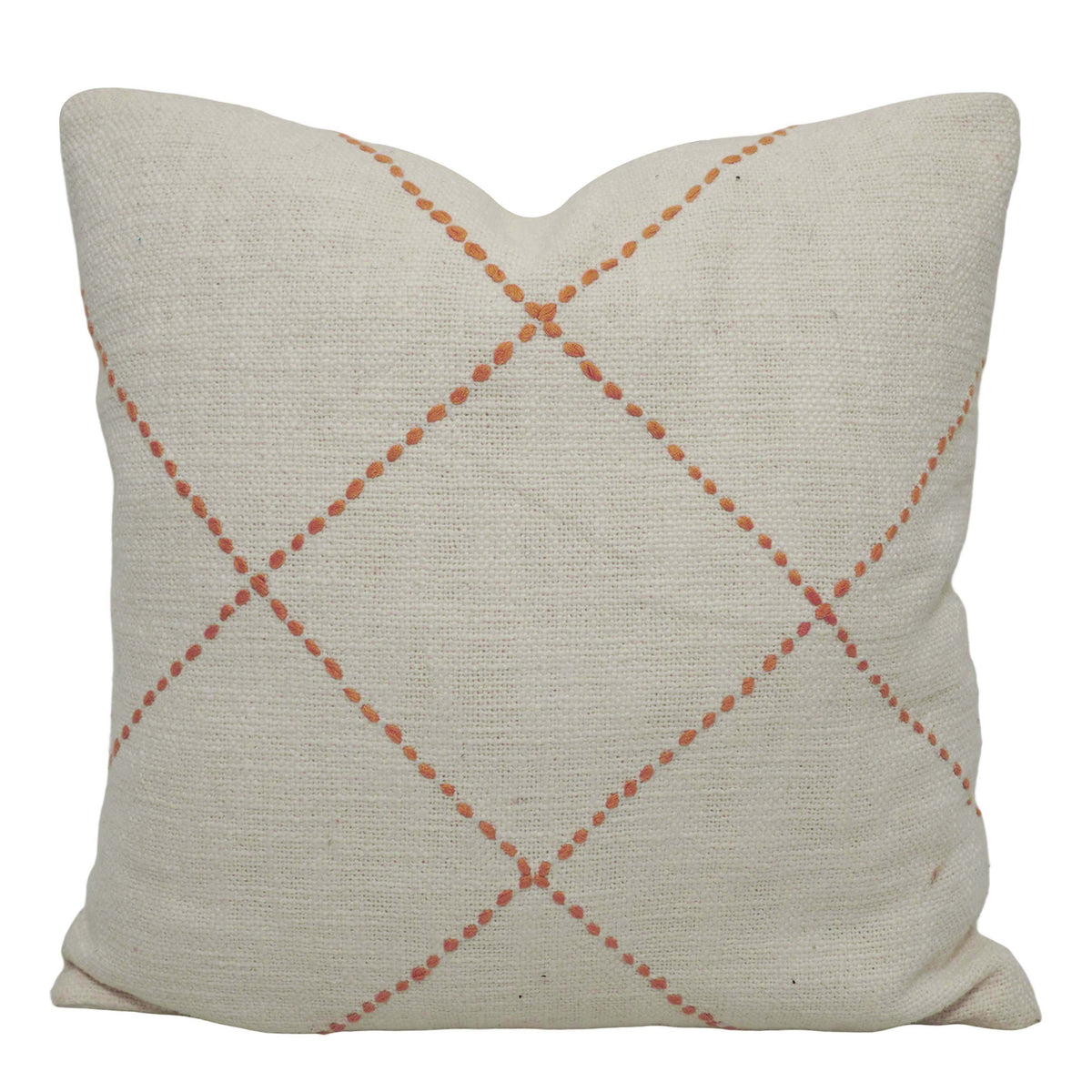 Hand Embroidered Cotton Cushion Cover 45x45 cm | Geometric Diamond Stitch Design | Decorative Throw Pillow Cover with Concealed Zip | Natural & Terracotta