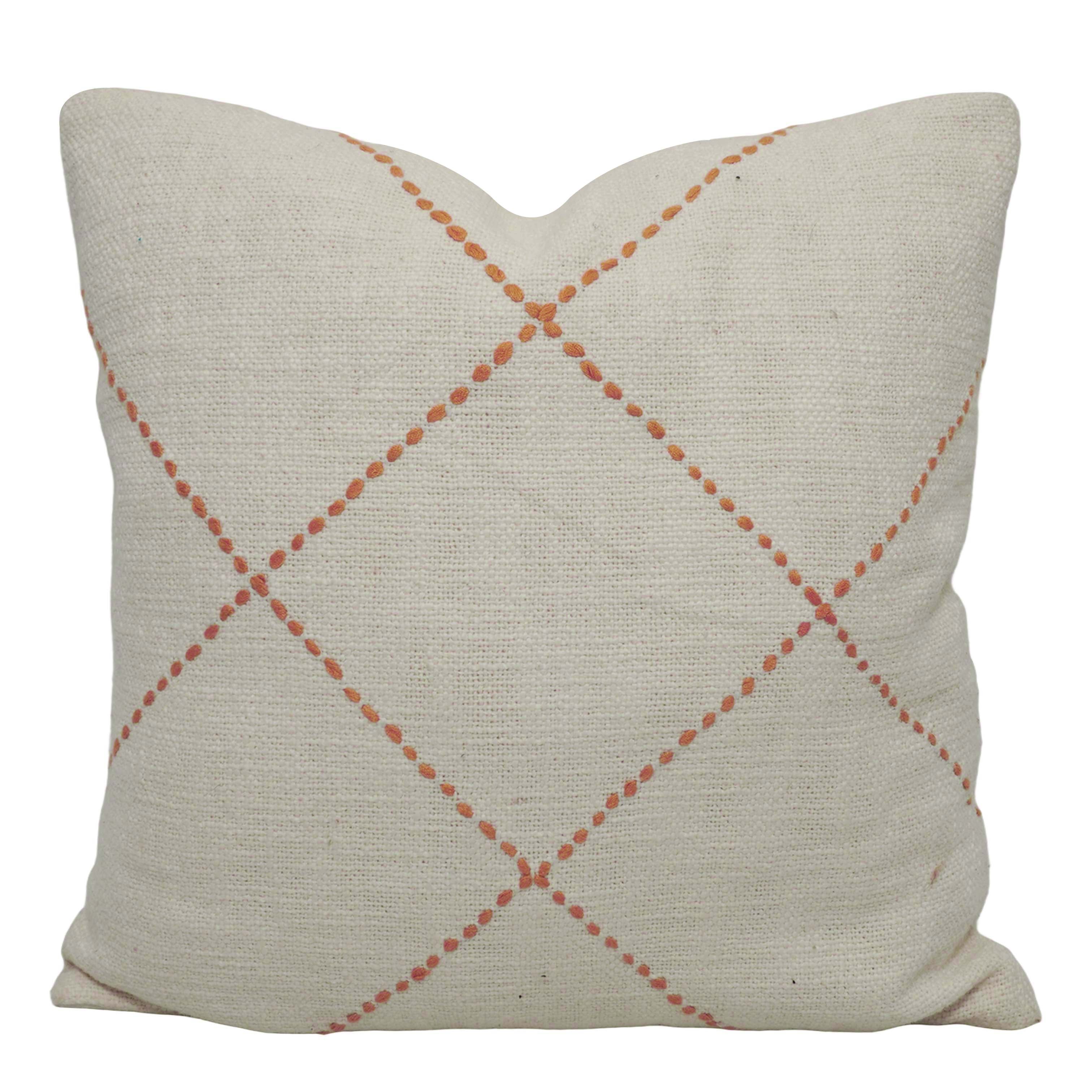 Hand Embroidered Cotton Cushion Cover 45x45 cm | Geometric Diamond Stitch Design | Decorative Throw Pillow Cover with Concealed Zip | Natural & Terracotta