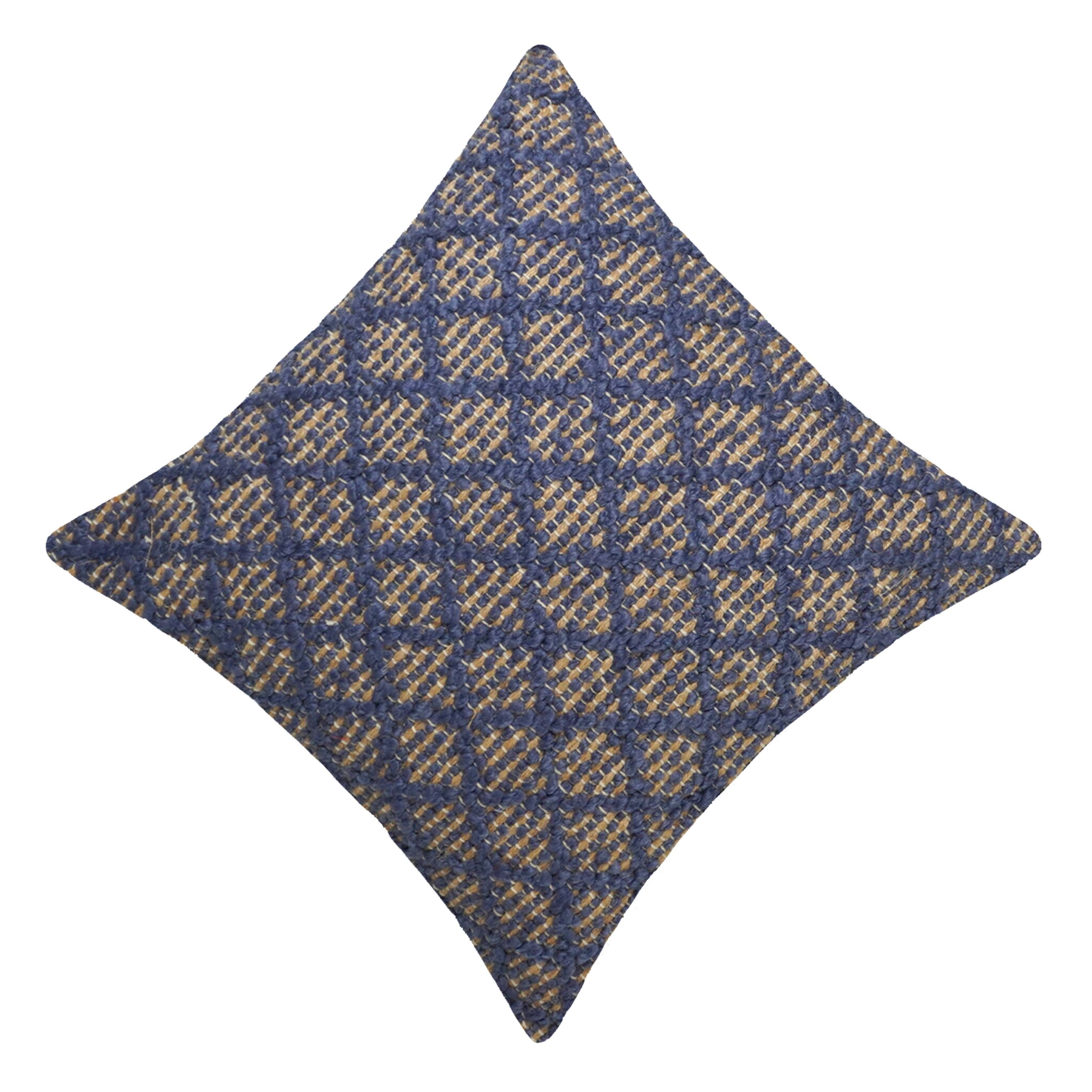 Handwoven Jute Cushion Cover 45x45 cm | Blue & Natural Diamond Pattern Decorative Throw Pillow Cover | Rustic Boho Farmhouse Cushion Case with Hidden Zipper