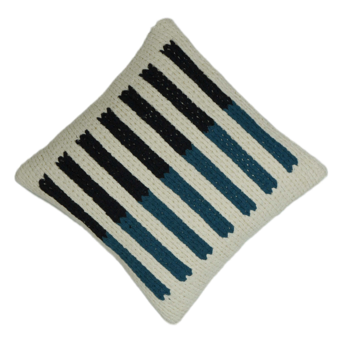 Handwoven Cotton Cushion Cover – Ivory, Black & Teal Striped Textured Design | 45 x 45 cm