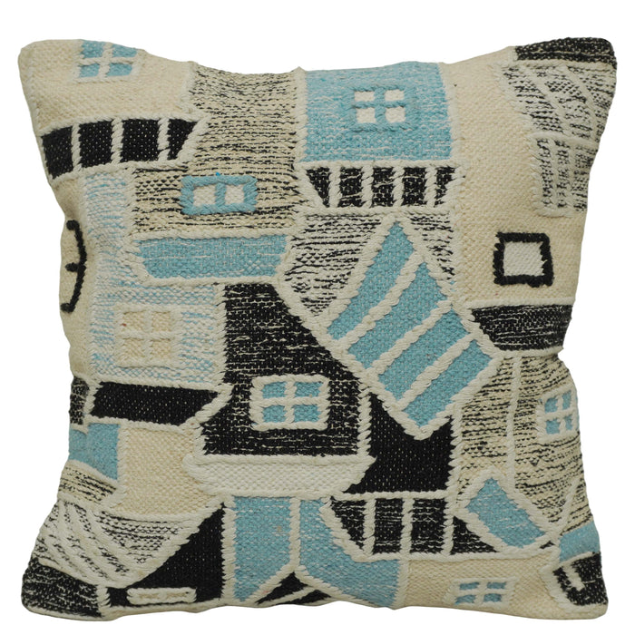 Handwoven Geometric Cotton Cushion Cover 45x45 cm | Artisan Woven Decorative Throw Pillow Cover | Blue, Black & Ivory | Modern Boho Home Décor