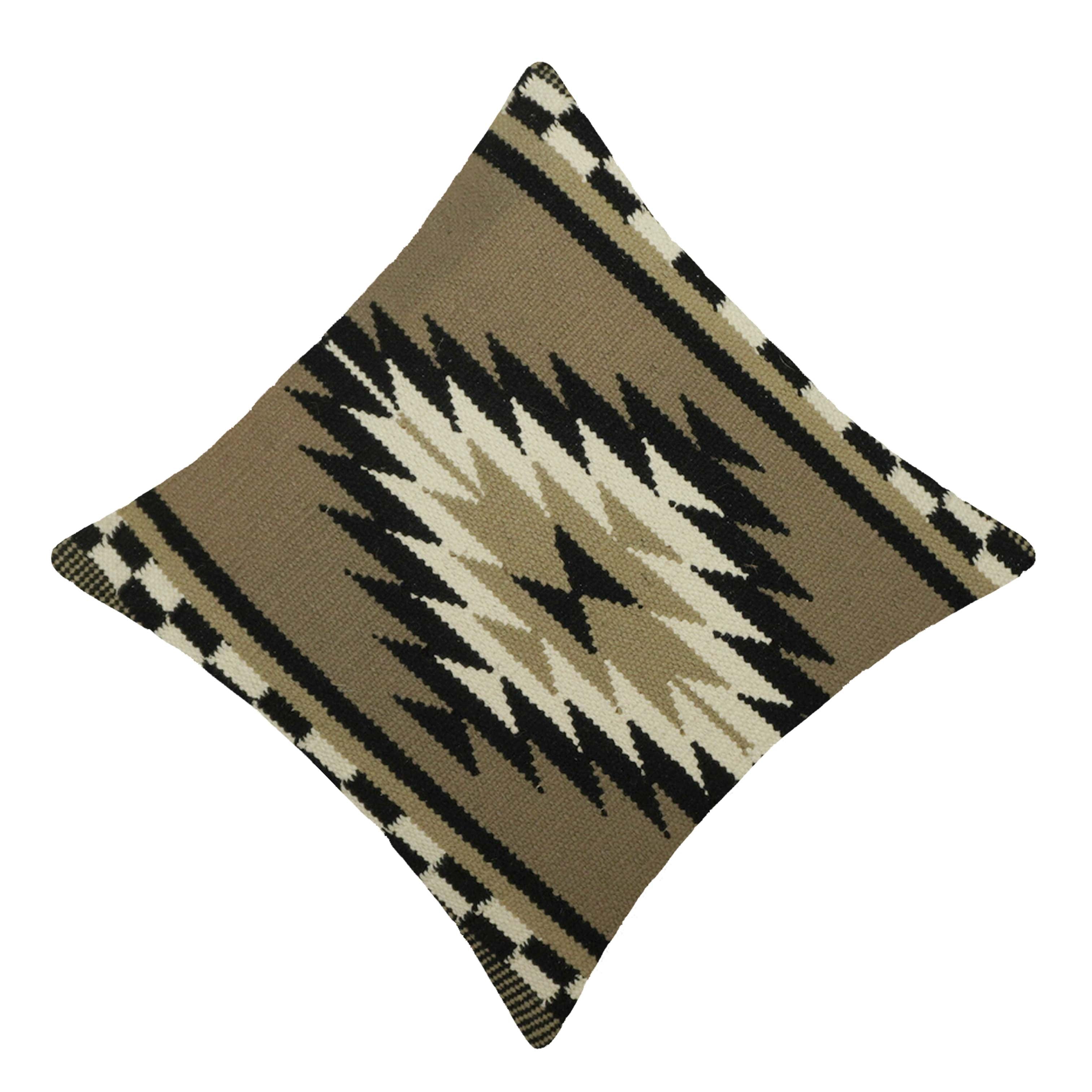Handwoven Cotton Cushion Cover 45x45 cm | Geometric Tribal Pattern | Woven Decorative Throw Pillow Cover | Beige, Black & Ivory | Hidden Zipper