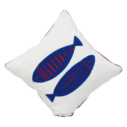 Bestickter Baumwoll-Kissenbezug 45x45 cm – Motiv Blaue Fische | Nautischer Dekokissenbezug