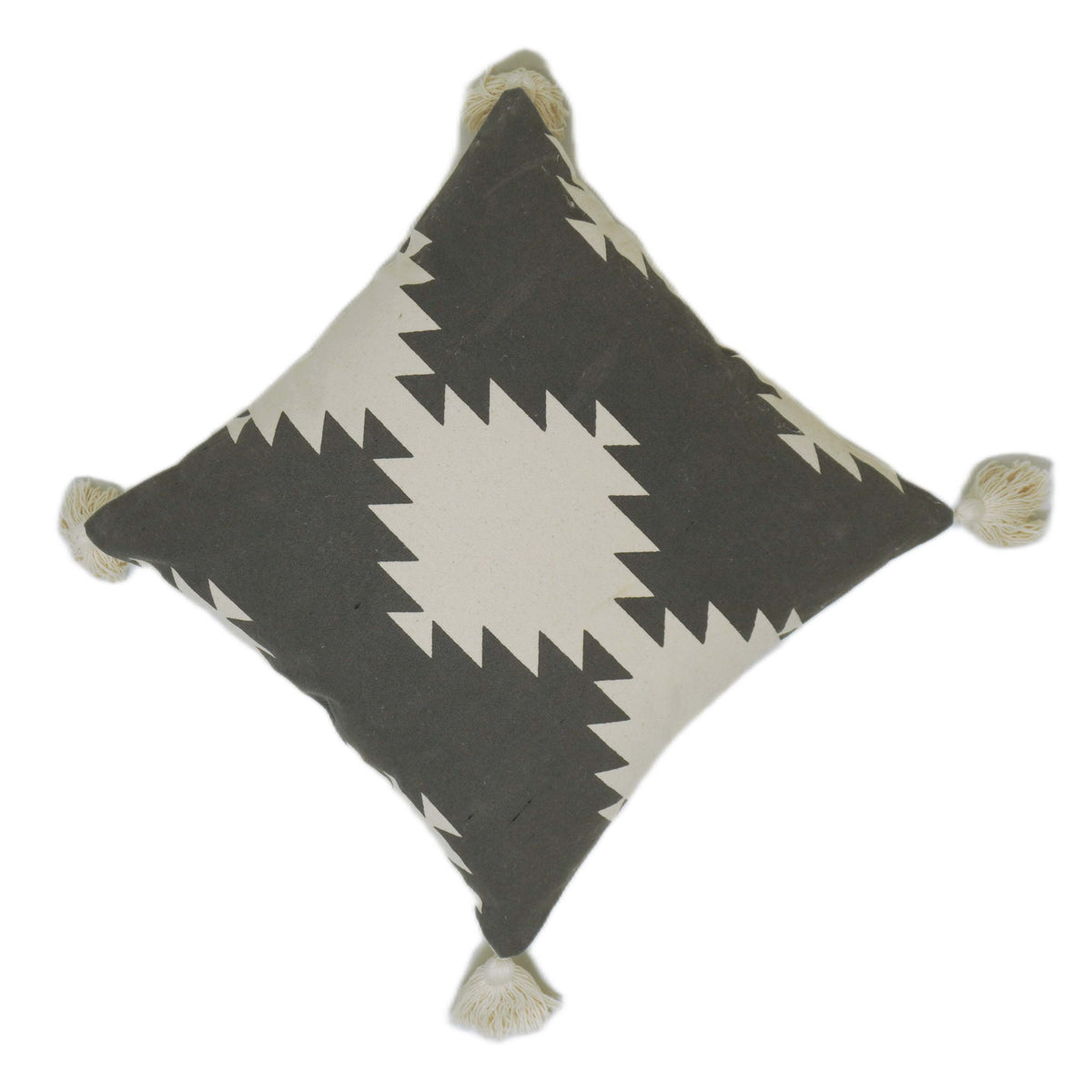 Black and cream geometric printed cotton cushion cover with tassels 45x45 cm