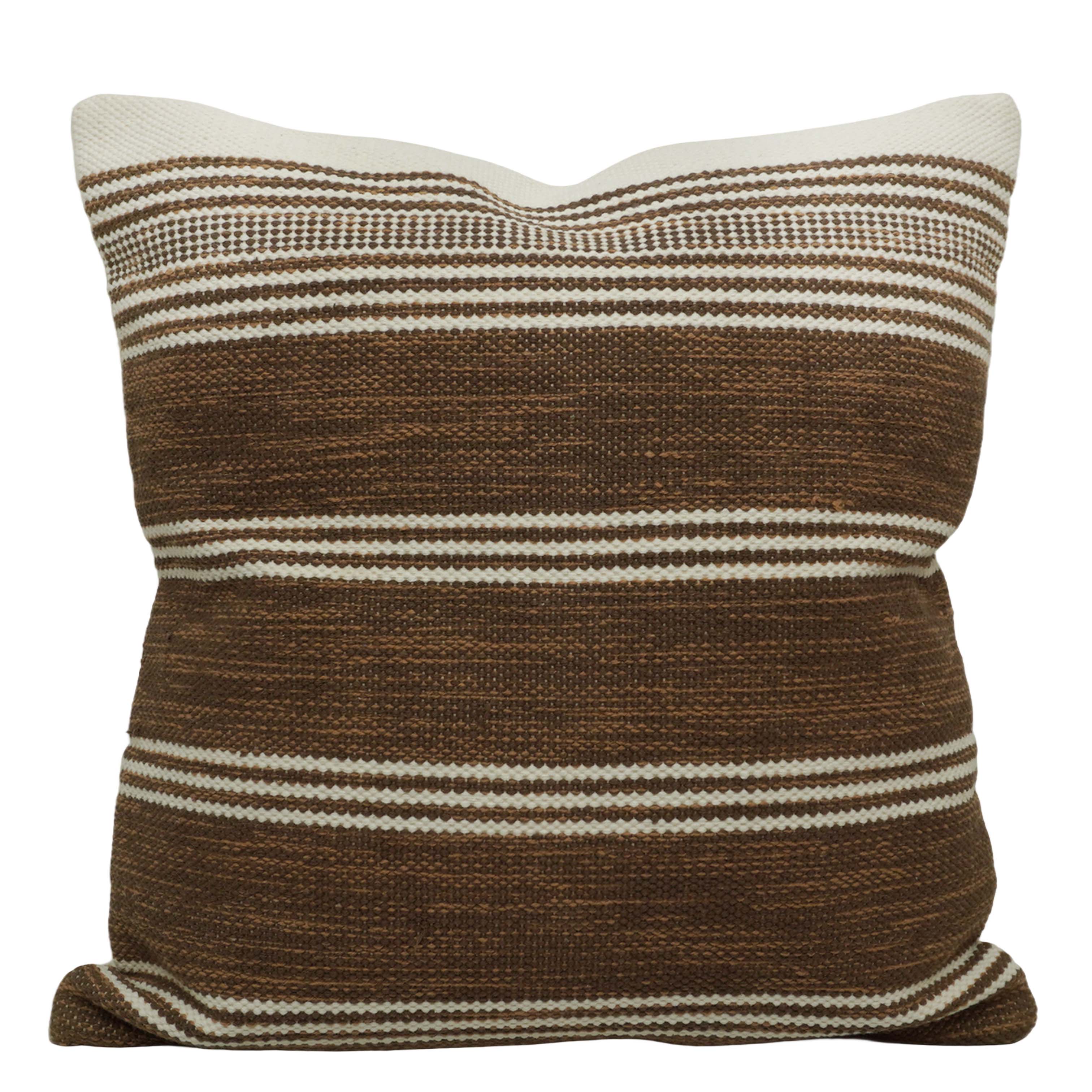 Handwoven Cotton Cushion Cover 45x45 cm | Brown & Ivory Striped Woven Decorative Throw Pillow Cover | Modern Rustic Home Décor