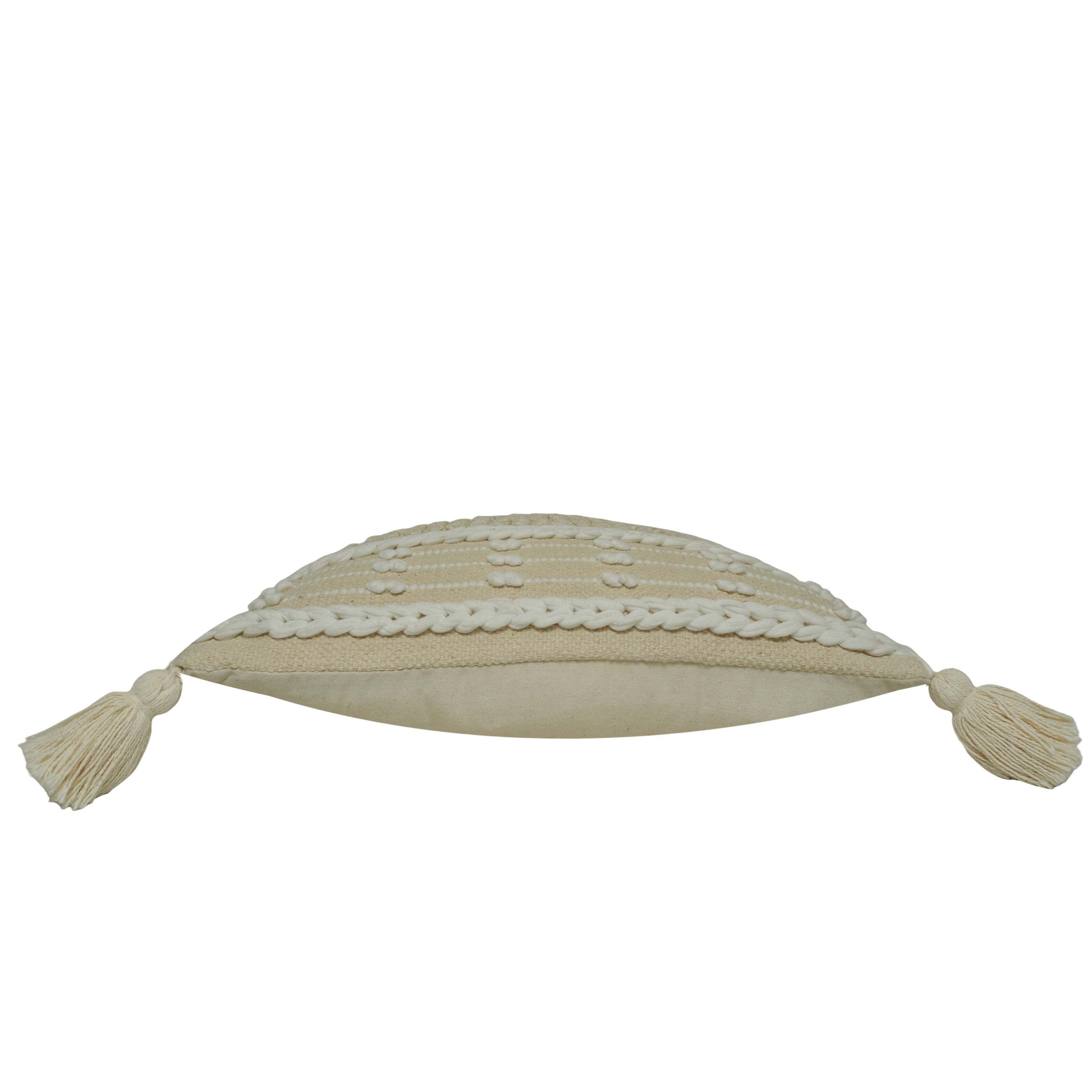 Handwoven Cotton Cushion Cover 45x45 cm | Boho Tufted Textured Throw Pillow Cover with Tassels | Ivory Decorative Cushion Cover | Hidden Zipper | 18x18 Inch