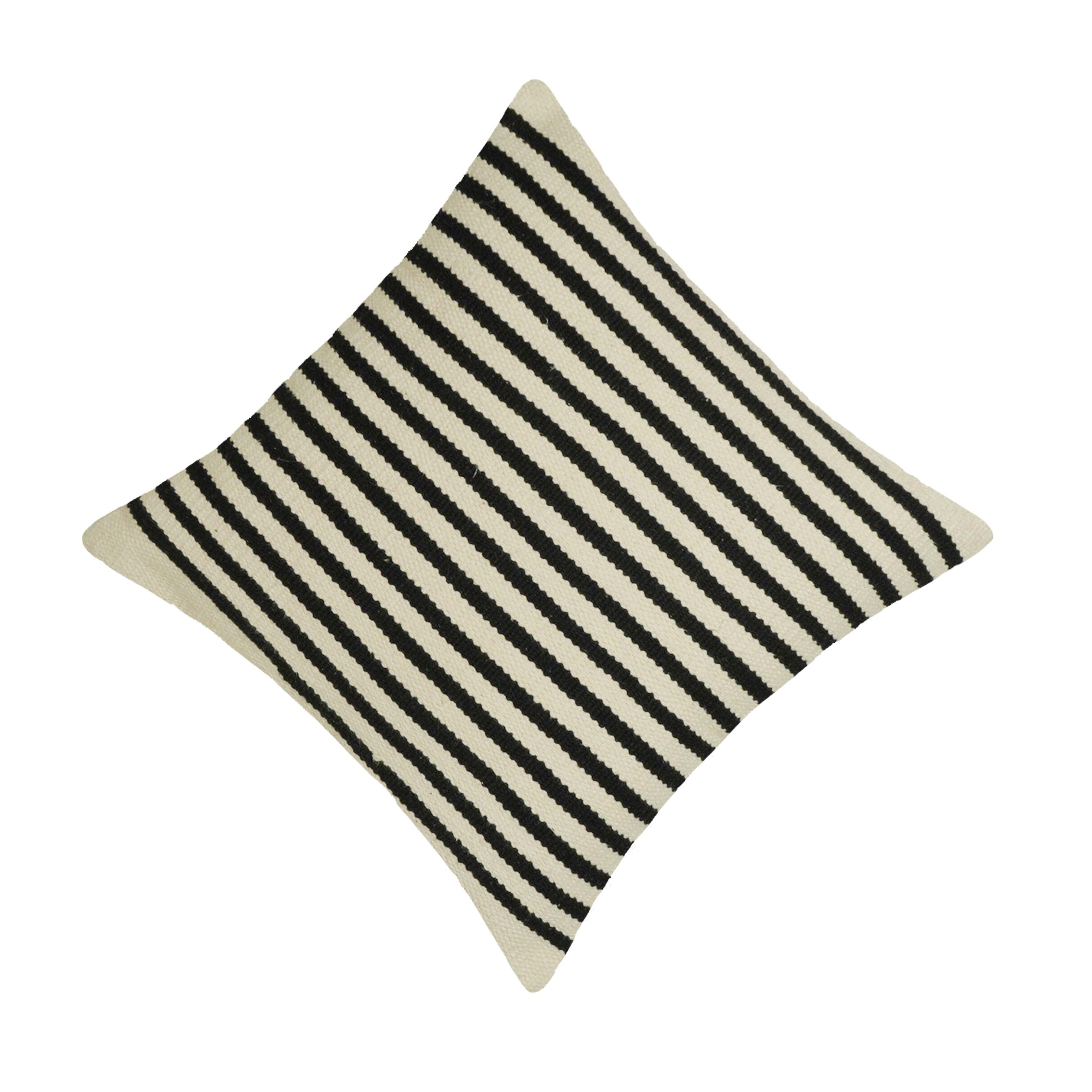 Handwoven Cotton Striped Cushion Cover 45x45 cm | Black & Ivory Woven Throw Pillow Cover | Modern Boho Farmhouse Decorative Cushion Cover | Hidden Zip