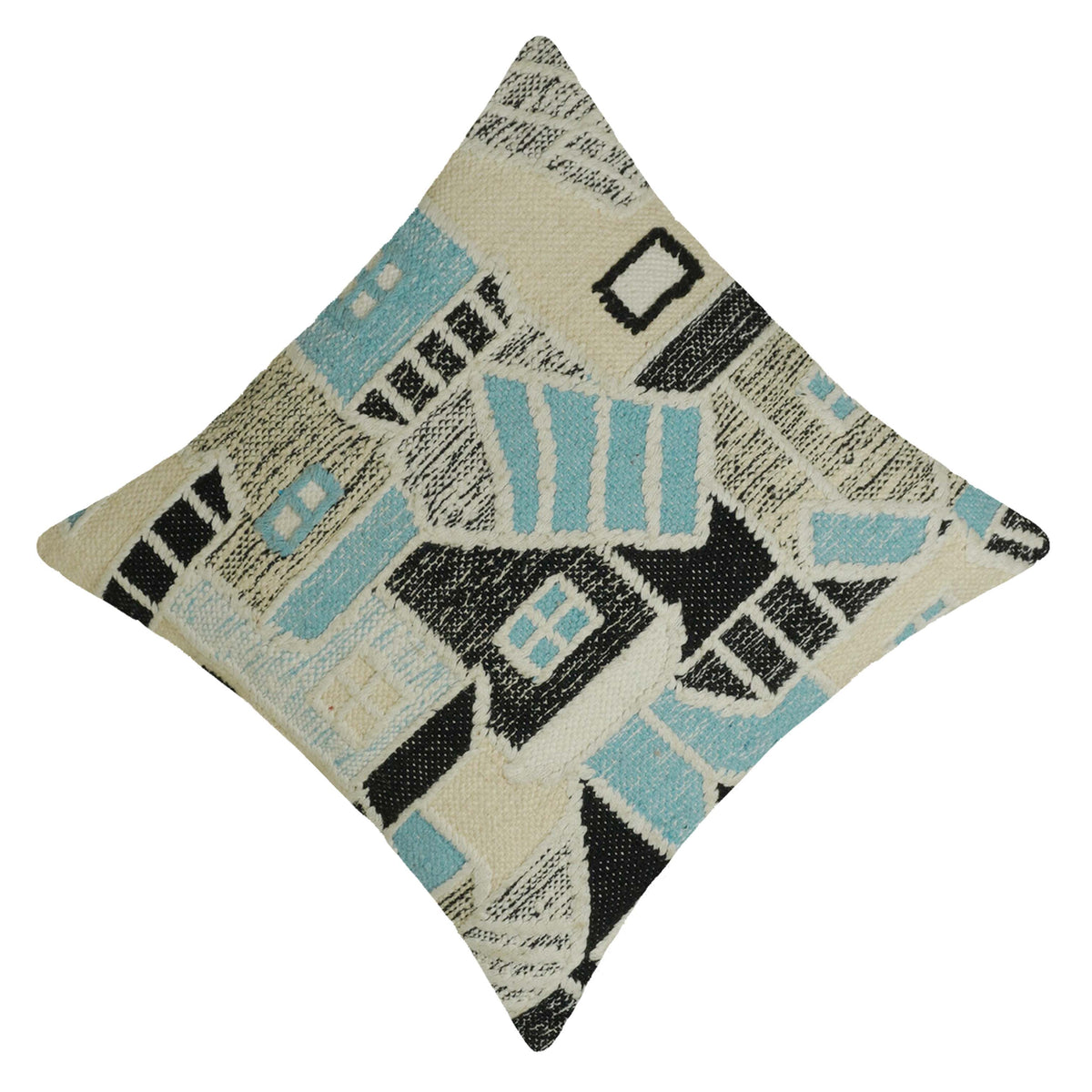 Handwoven Geometric Cotton Cushion Cover 45x45 cm | Artisan Woven Decorative Throw Pillow Cover | Blue, Black & Ivory | Modern Boho Home Décor