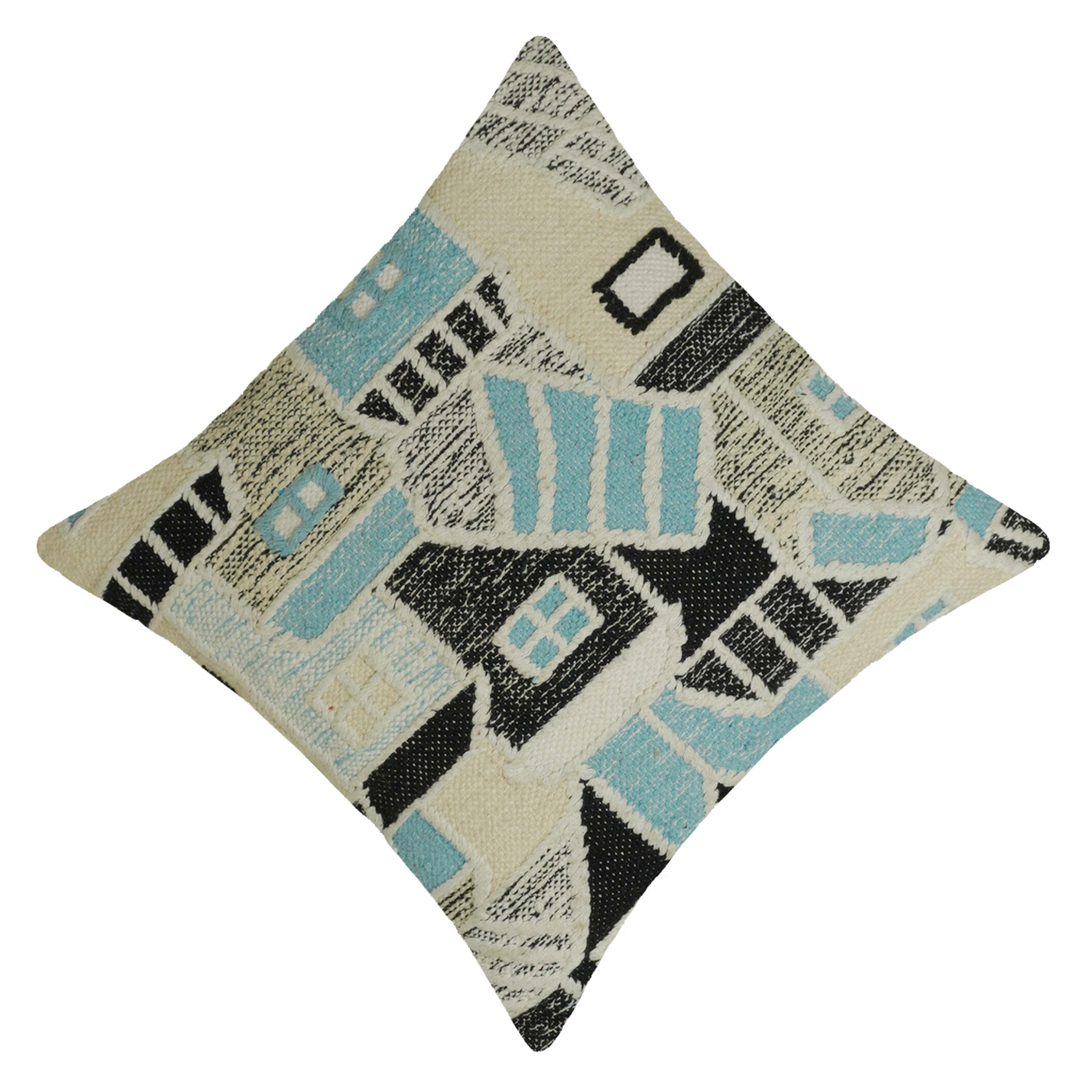 Handwoven Geometric Cotton Cushion Cover 45x45 cm | Artisan Woven Decorative Throw Pillow Cover | Blue, Black & Ivory | Modern Boho Home Décor