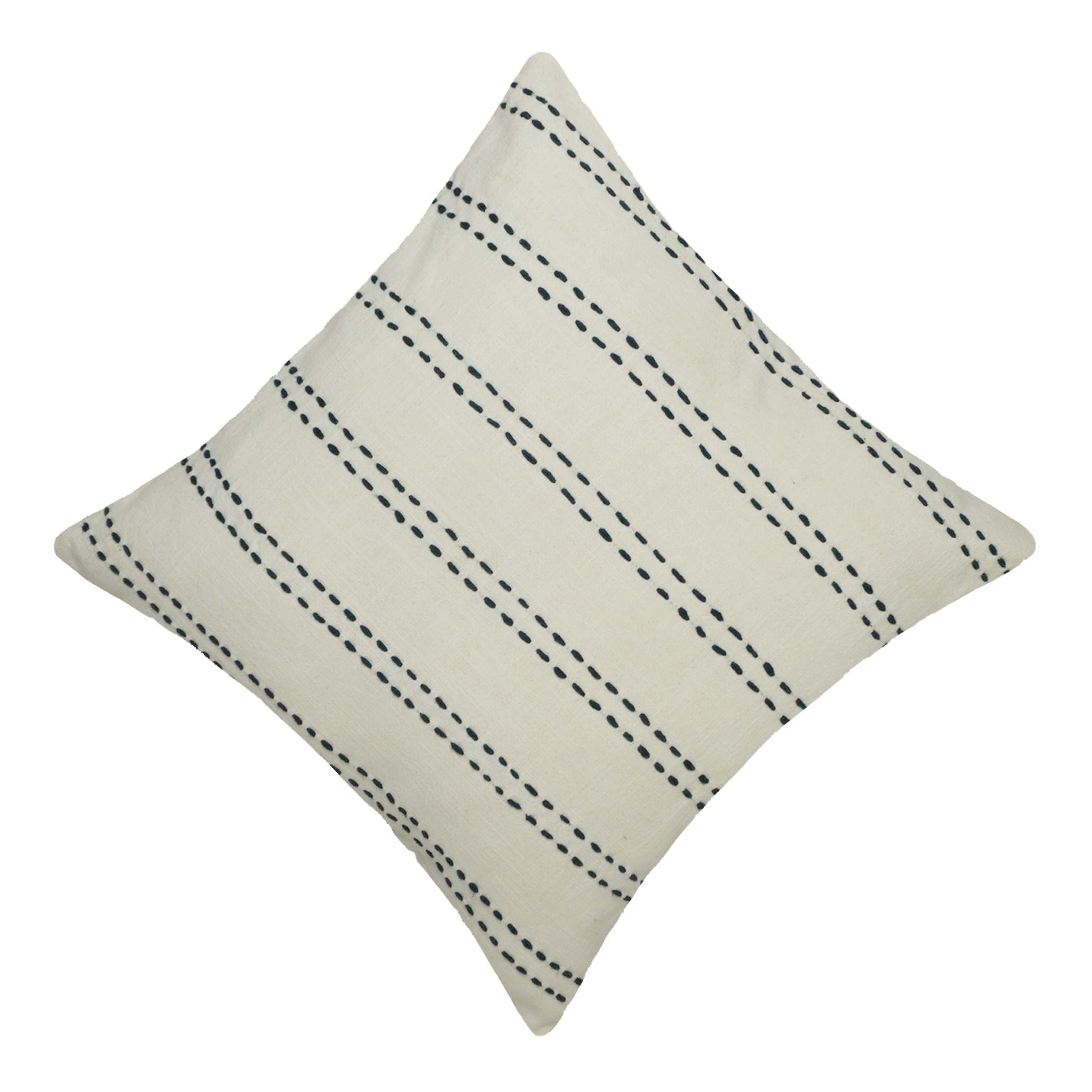 Handwoven Cotton Cushion Cover 45x45 cm | Ivory with Black Running Stitch | Artisan Woven Decorative Throw Pillow Cover | Modern Boho Home Décor