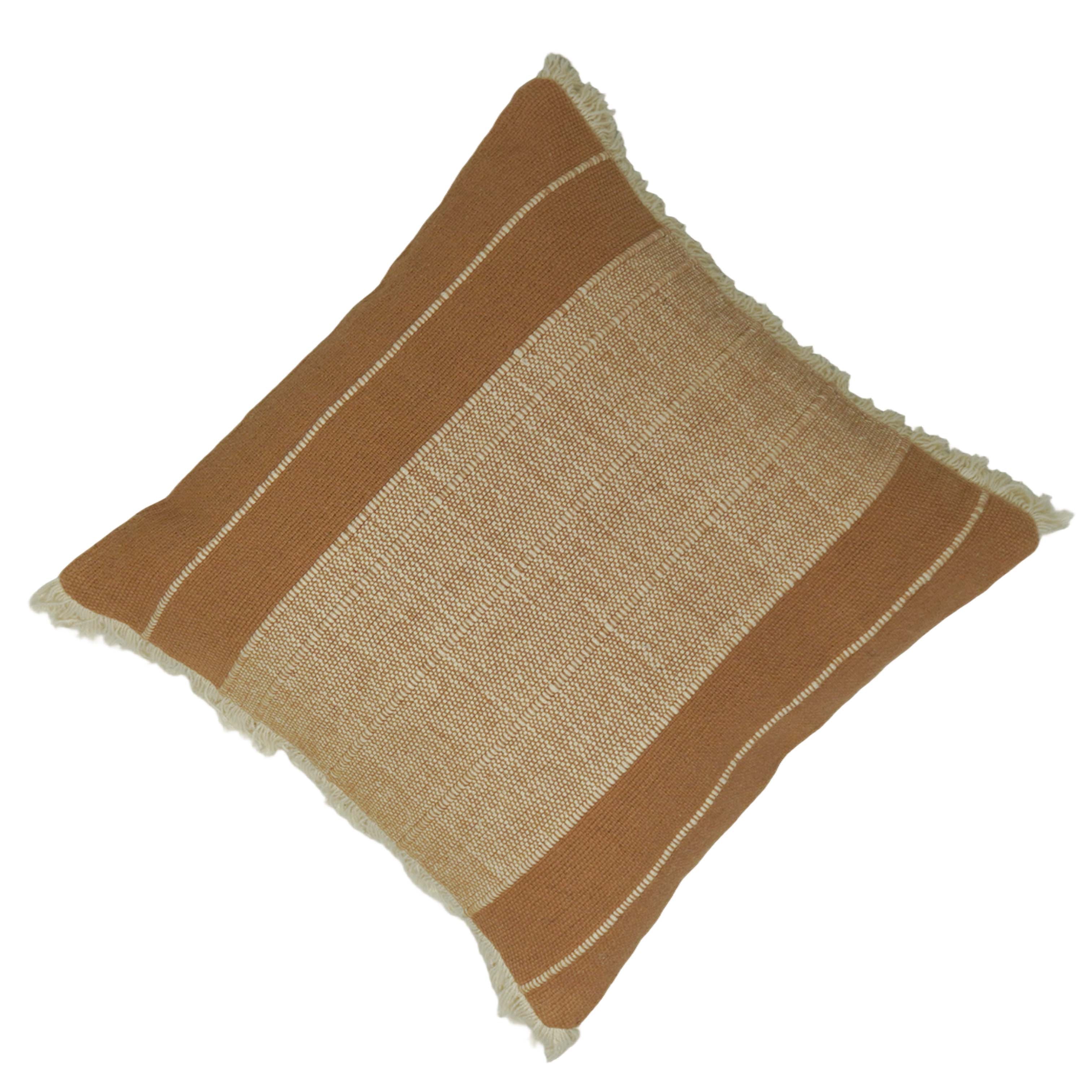Handwoven Cotton Cushion Cover 45x45 cm | Beige & Brown Textured Striped Cushion Cover with Fringe | Decorative Throw Pillow Cover | Hidden Zipper | Boho Farmhouse Home Décor