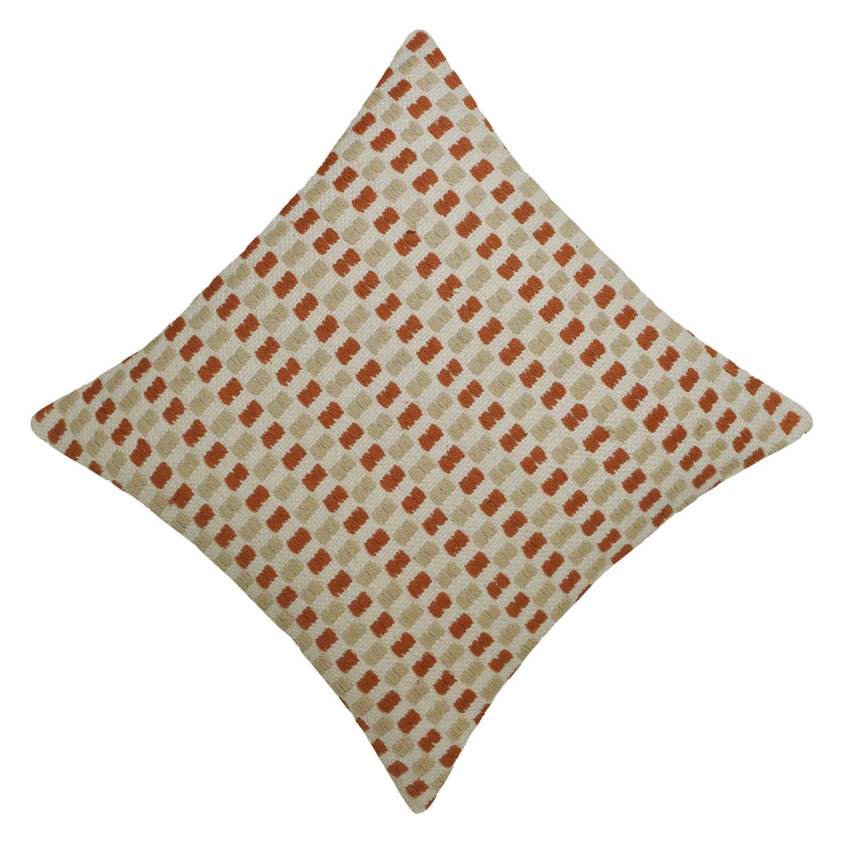 Handwoven Cotton Cushion Cover 45x45 cm – Ivory & Rust Geometric Textured Design, Boho Decorative Pillow Cover