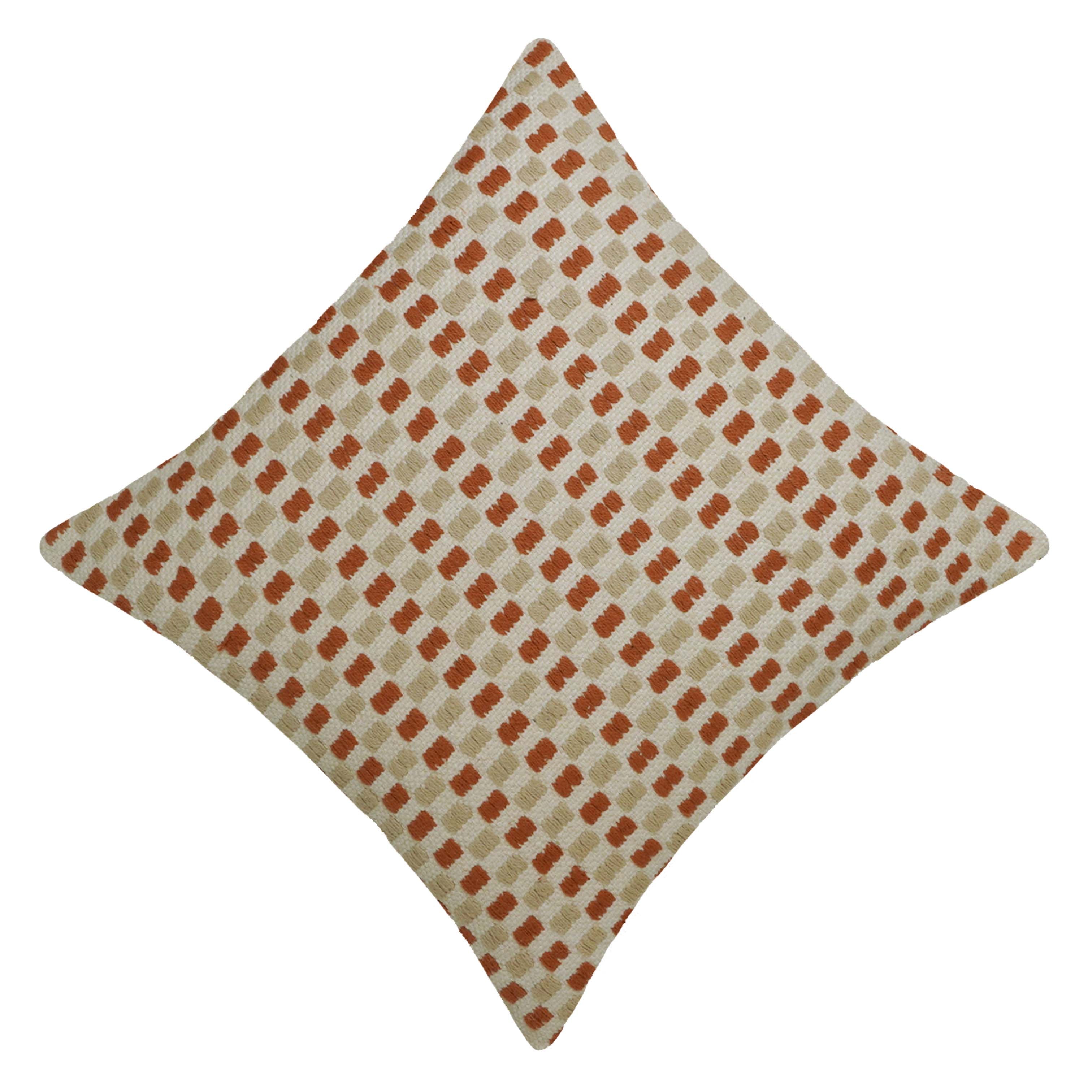 Handwoven Cotton Cushion Cover 45x45 cm – Ivory & Rust Geometric Textured Design, Boho Decorative Pillow Cover