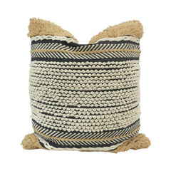 Handmade Textured Cotton Cushion Cover with Tassels | Black & Natural Boho Pillow Cover | 45x45 cm