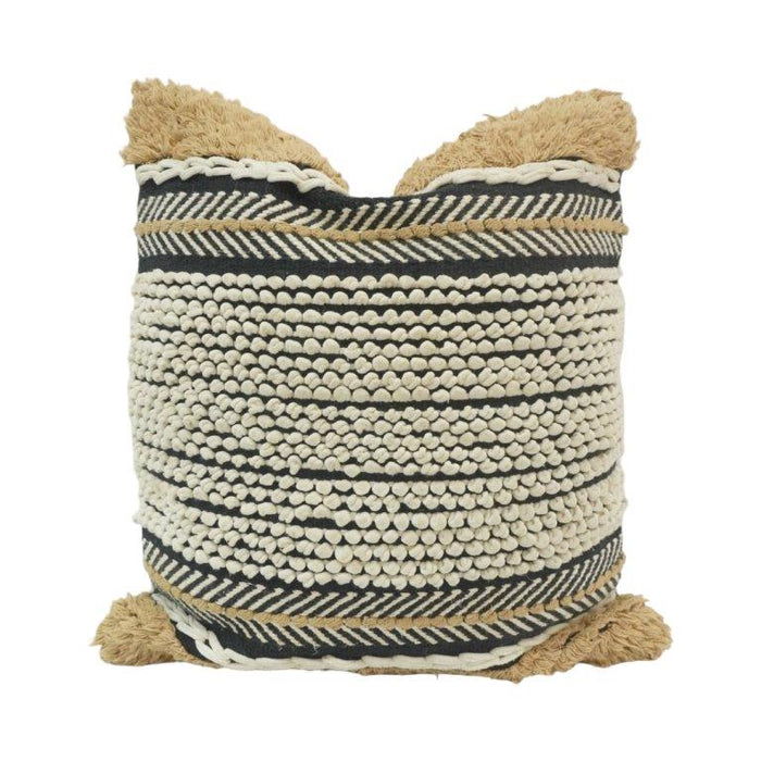 Black & Natural Geometric Tufted Cotton Tassel Cushion Cover 45x45 cm
