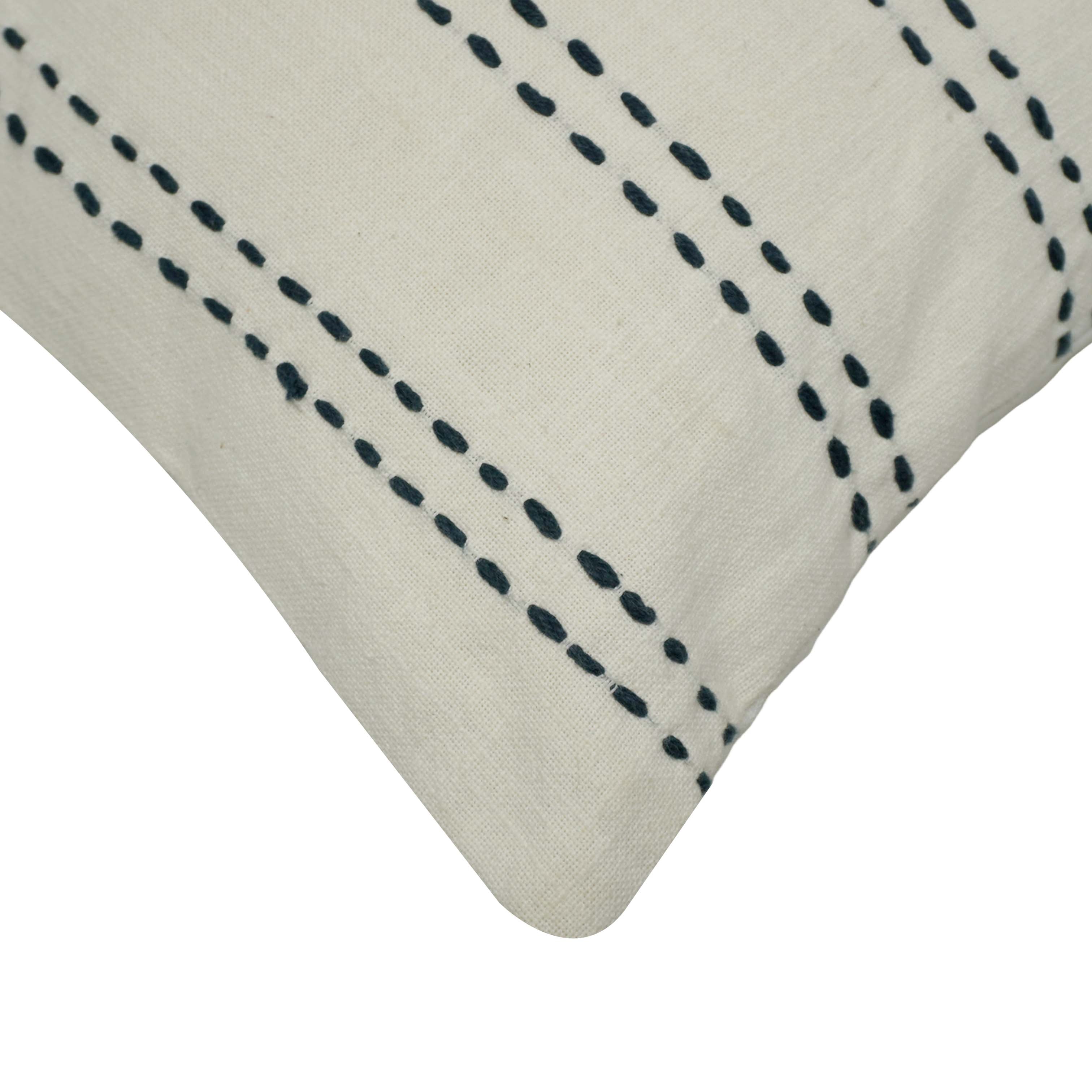 Handwoven Cotton Cushion Cover 45x45 cm | Ivory with Black Running Stitch | Artisan Woven Decorative Throw Pillow Cover | Modern Boho Home Décor