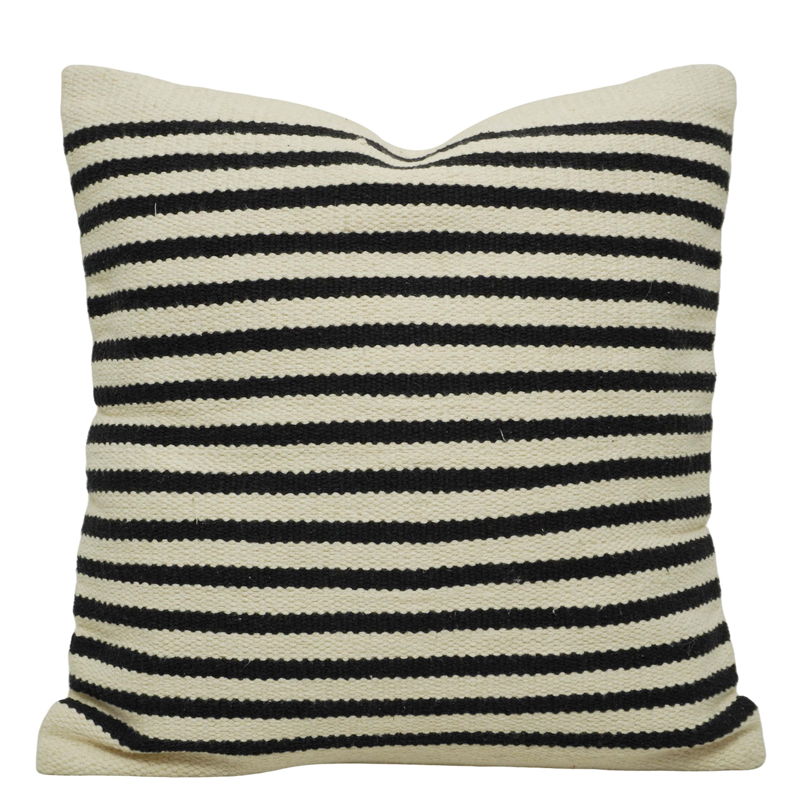 Handwoven Cotton Striped Cushion Cover 45x45 cm | Black & Ivory Woven Throw Pillow Cover | Modern Boho Farmhouse Decorative Cushion Cover | Hidden Zip