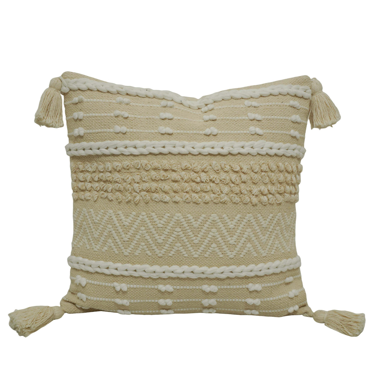 Handwoven Cotton Cushion Cover 45x45 cm | Boho Tufted Textured Throw Pillow Cover with Tassels | Ivory Decorative Cushion Cover | Hidden Zipper | 18x18 Inch