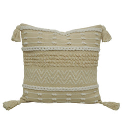 Handwoven Cotton Cushion Cover 45x45 cm | Boho Tufted Textured Throw Pillow Cover with Tassels | Ivory Decorative Cushion Cover | Hidden Zipper | 18x18 Inch